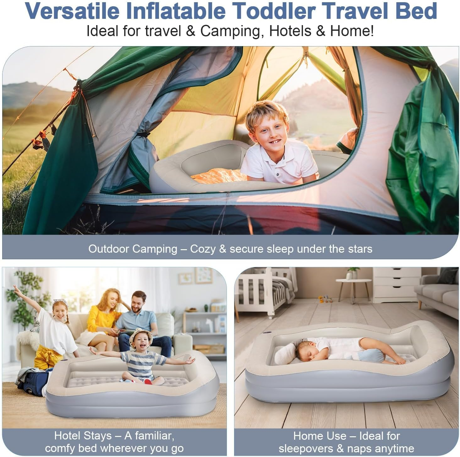 Inflatable Toddler Travel Bed - Portable Kids Bed with Safety Bumpers, Pump & Carry Bag for Travel & Camping