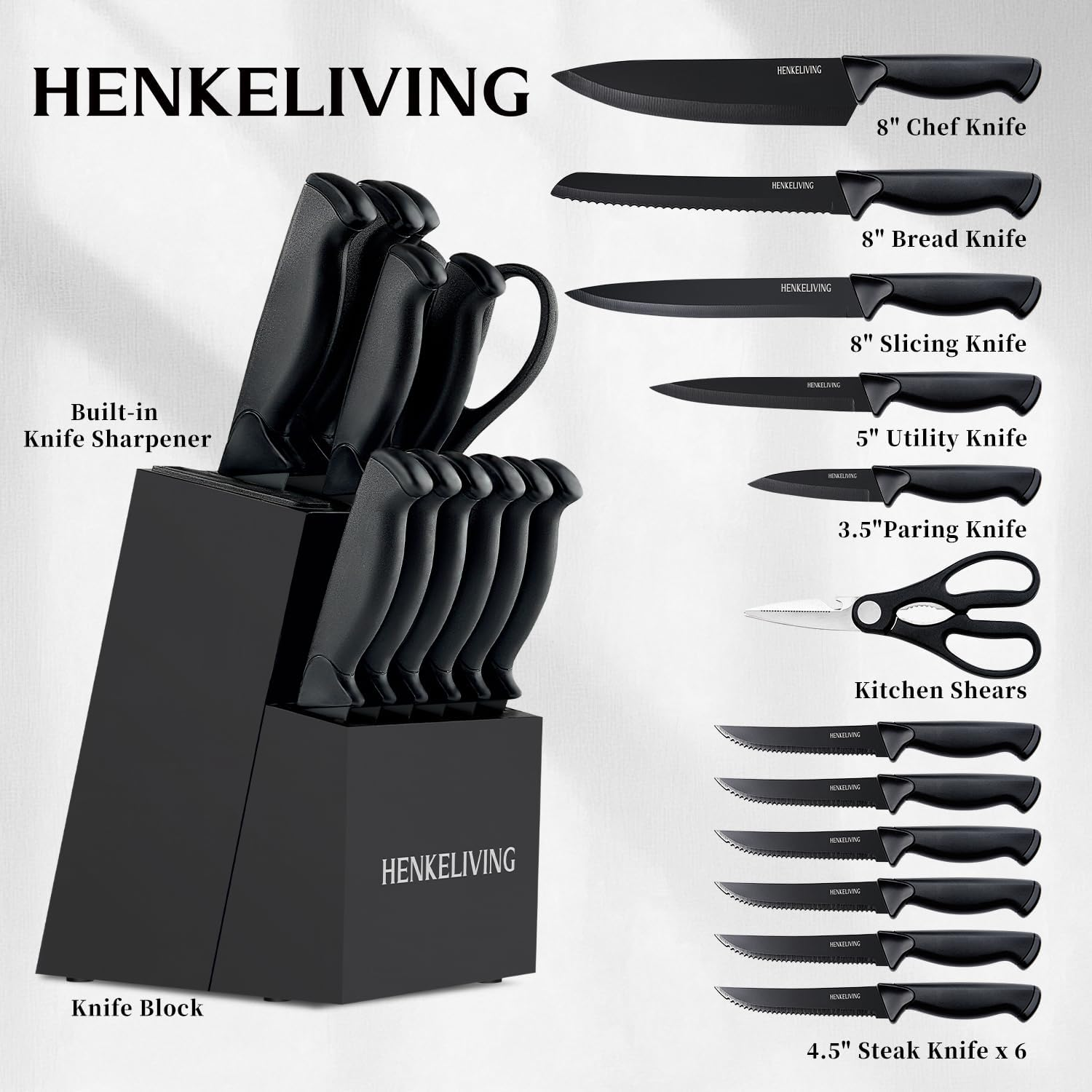Knife Set 14-Piece with Block & Built-in Sharpener - German High Carbon Stainless Steel Kitchen Knives
