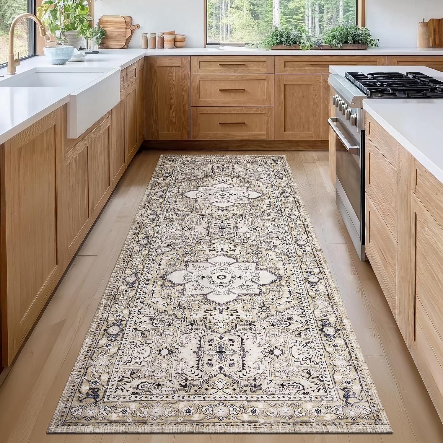 Vintage Farmhouse Boho Runner Rug 2x6 ft - Non-Slip Machine Washable Oriental Accent Rug Taupe/Vanilla