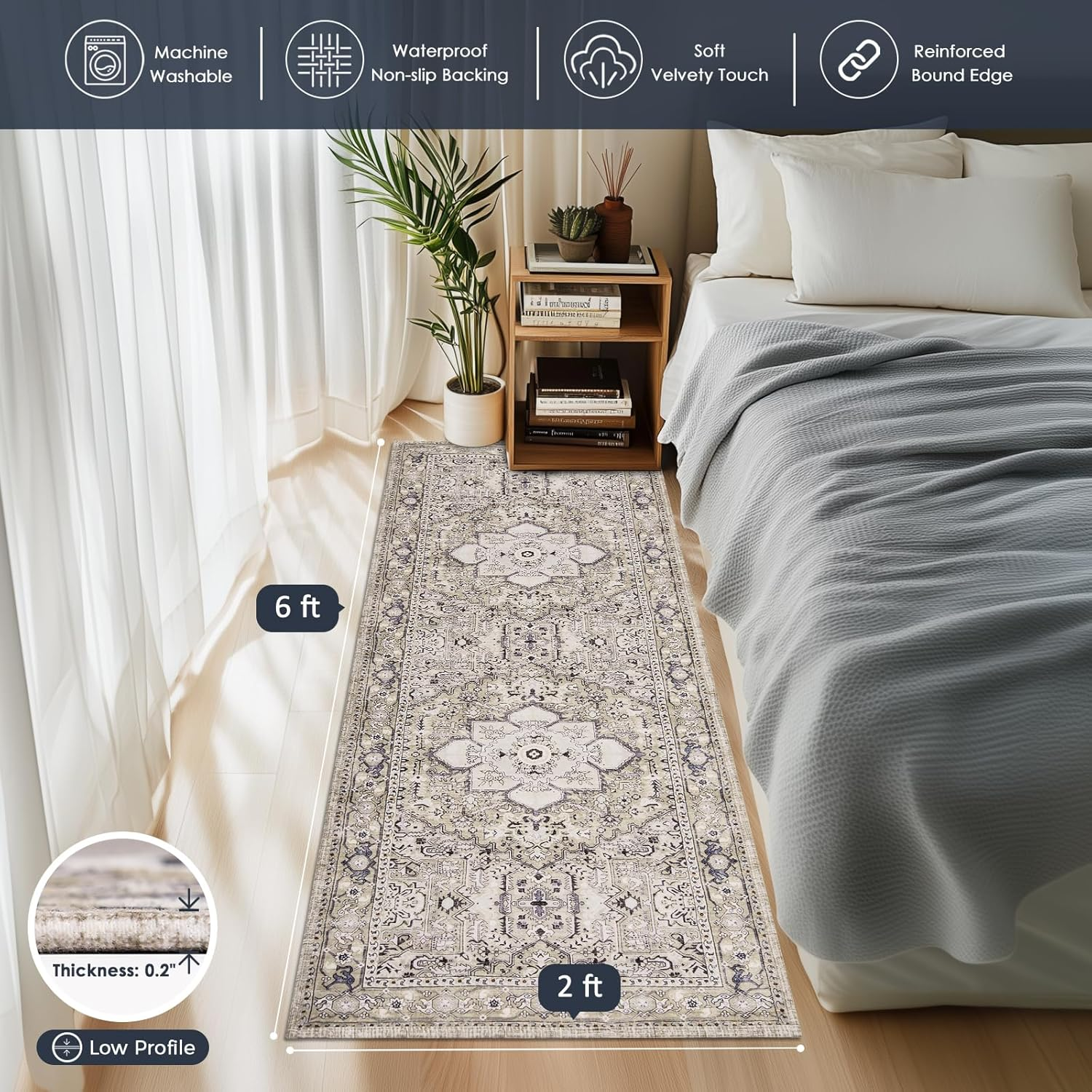 Vintage Farmhouse Boho Runner Rug 2x6 ft - Non-Slip Machine Washable Oriental Accent Rug Taupe/Vanilla