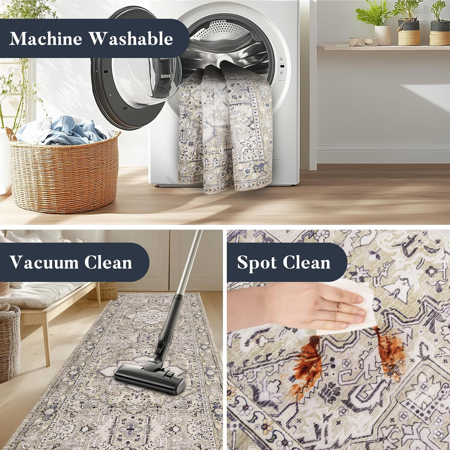 Vintage Farmhouse Boho Runner Rug 2x6 ft - Non-Slip Machine Washable Oriental Accent Rug Taupe/Vanilla