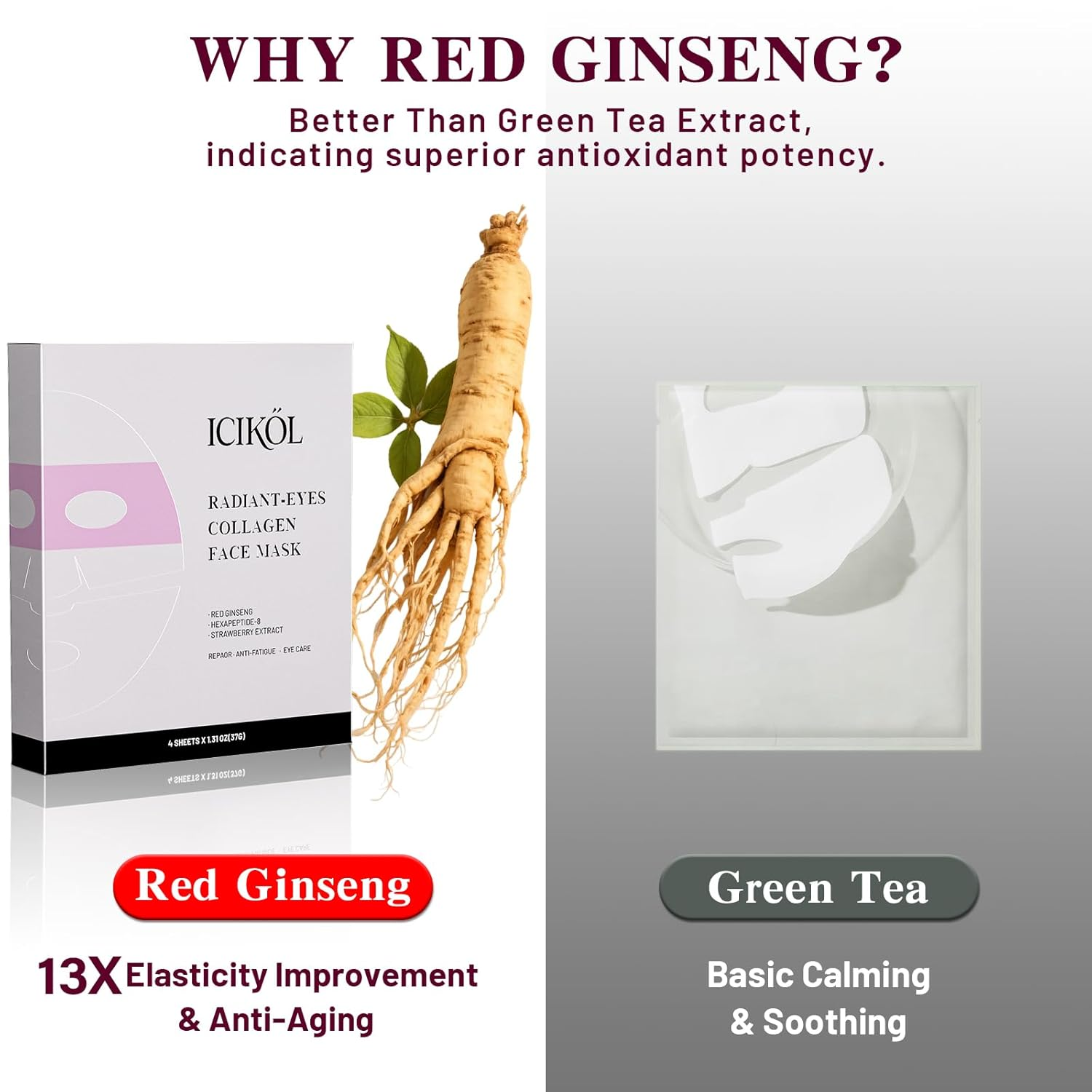 Collagen Face Mask with Ginseng & Peptides - Hydrogel Eye Care Mask for Glass Glow & Skin Lifting 37g x 4 Sheets