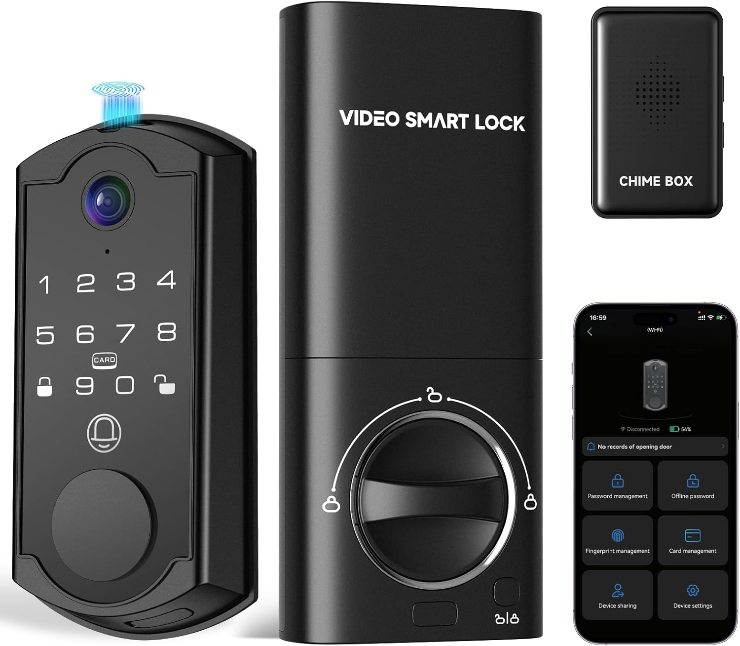 Smart Door Lock with Camera - Fingerprint Keypad Deadbolt with APP Remote Control & 2-Way Audio Video Doorbell Black