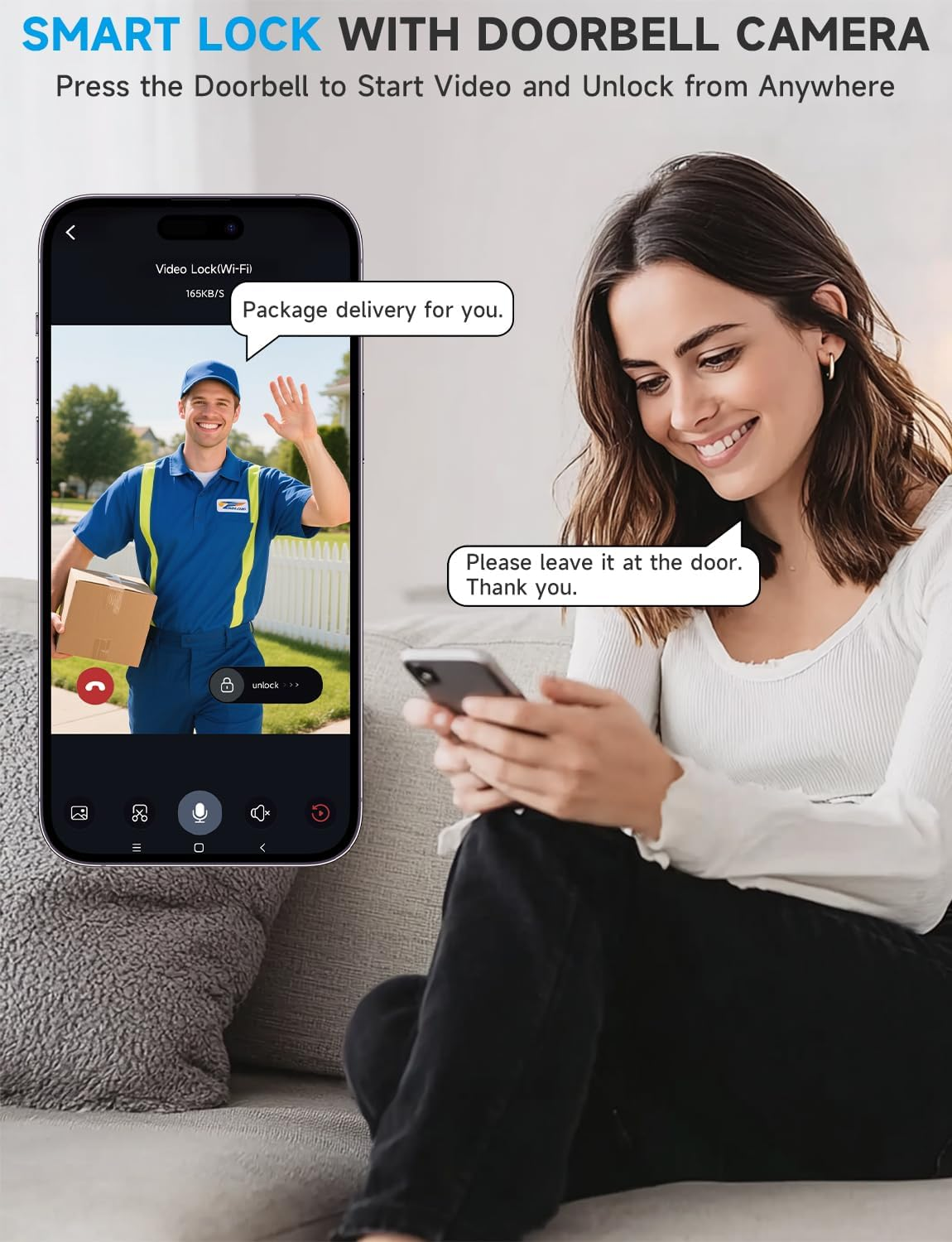 Smart Door Lock with Camera - Fingerprint Keypad Deadbolt with APP Remote Control & 2-Way Audio Video Doorbell Black