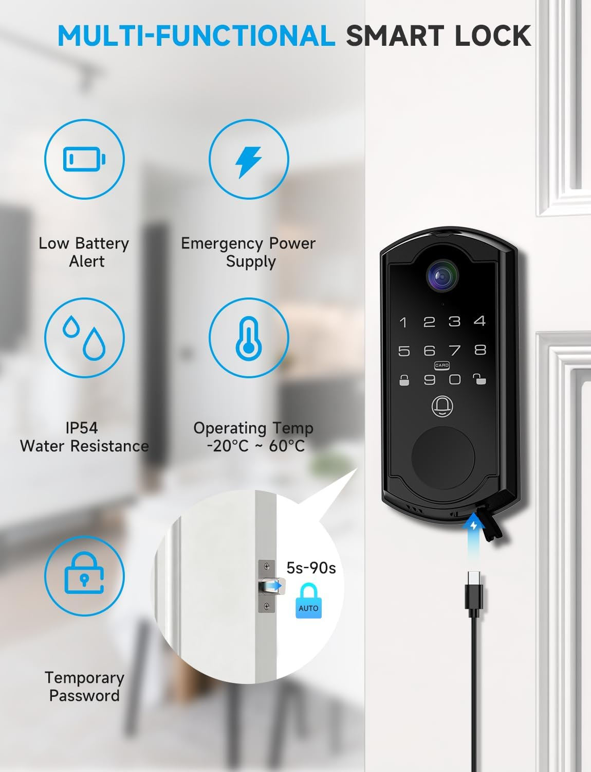 Smart Door Lock with Camera - Fingerprint Keypad Deadbolt with APP Remote Control & 2-Way Audio Video Doorbell Black
