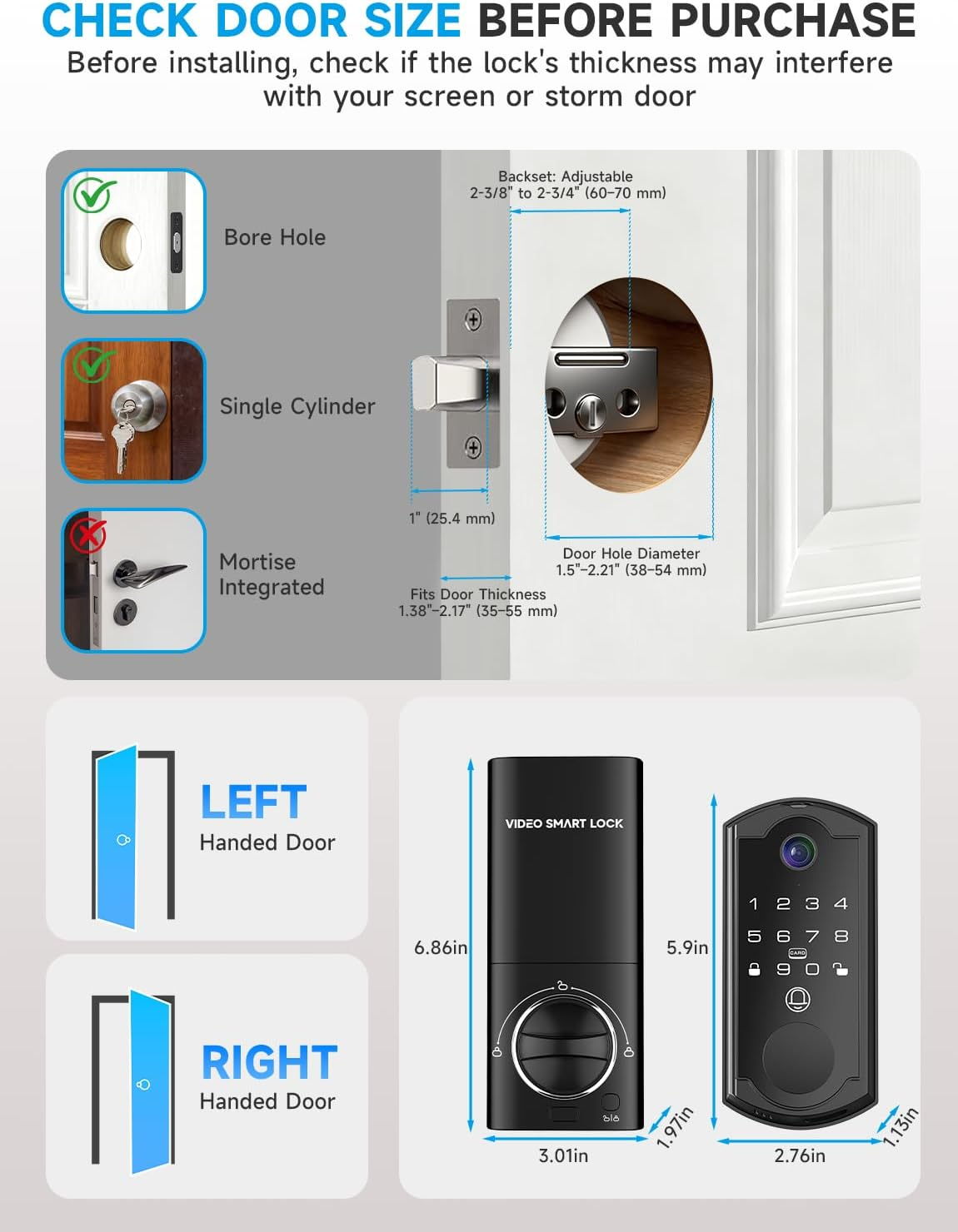 Smart Door Lock with Camera - Fingerprint Keypad Deadbolt with APP Remote Control & 2-Way Audio Video Doorbell Black