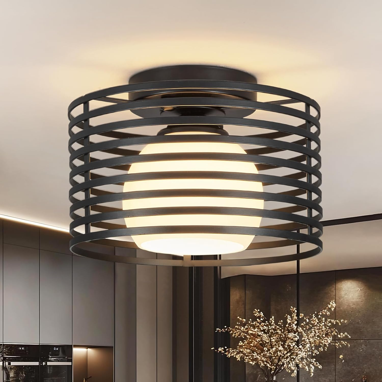 Modern Industrial Semi Flush Mount Ceiling Light 9.0in - 1-Light Black Farmhouse Fixture with Glass Shade