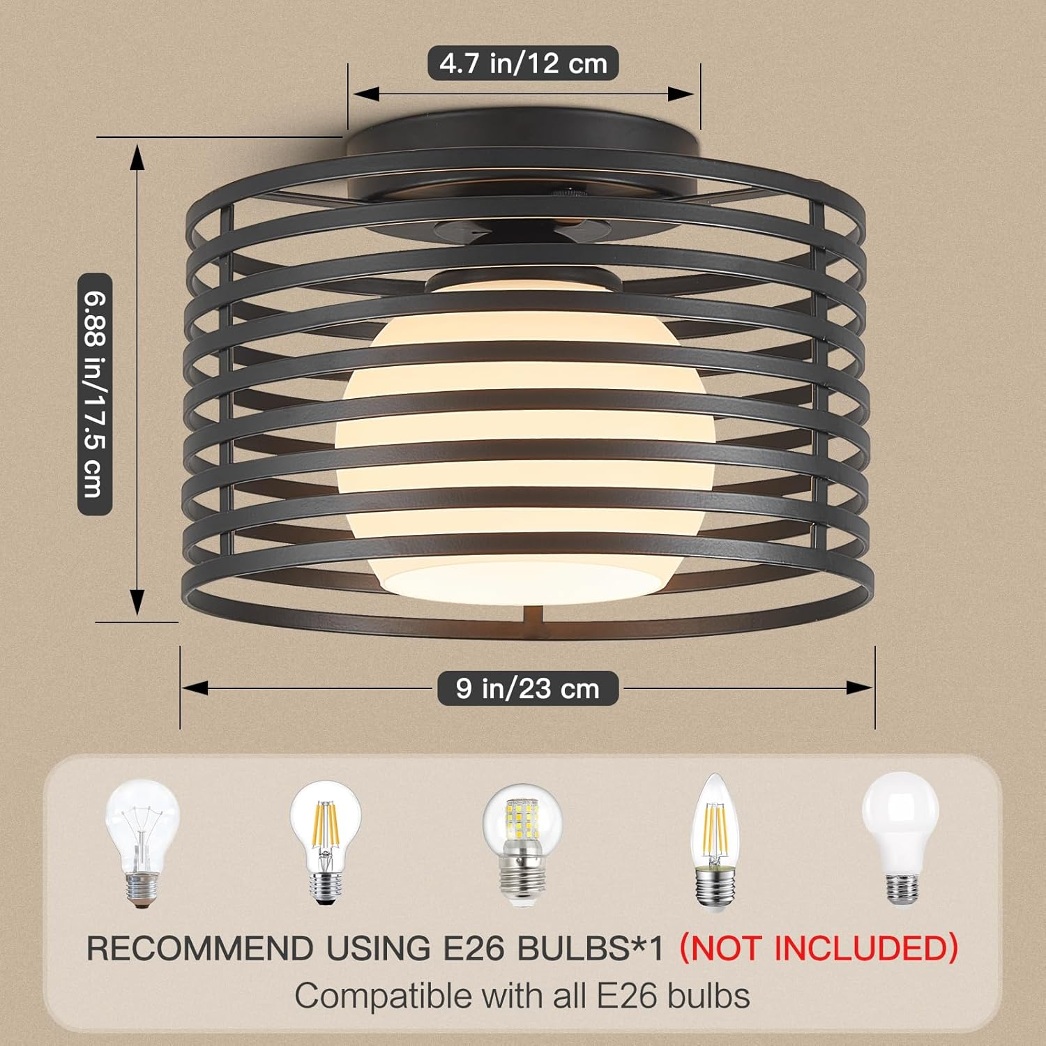 Modern Industrial Semi Flush Mount Ceiling Light 9.0in - 1-Light Black Farmhouse Fixture with Glass Shade