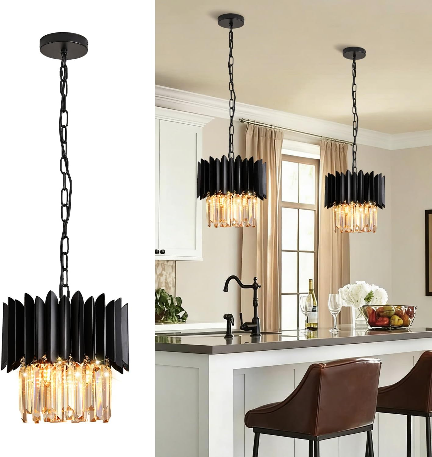 Black Crystal Chandelier 12 Inch - K9 Crystal 3-Light Semi Flush Mount Pendant Light for Kitchen Island Dining Room