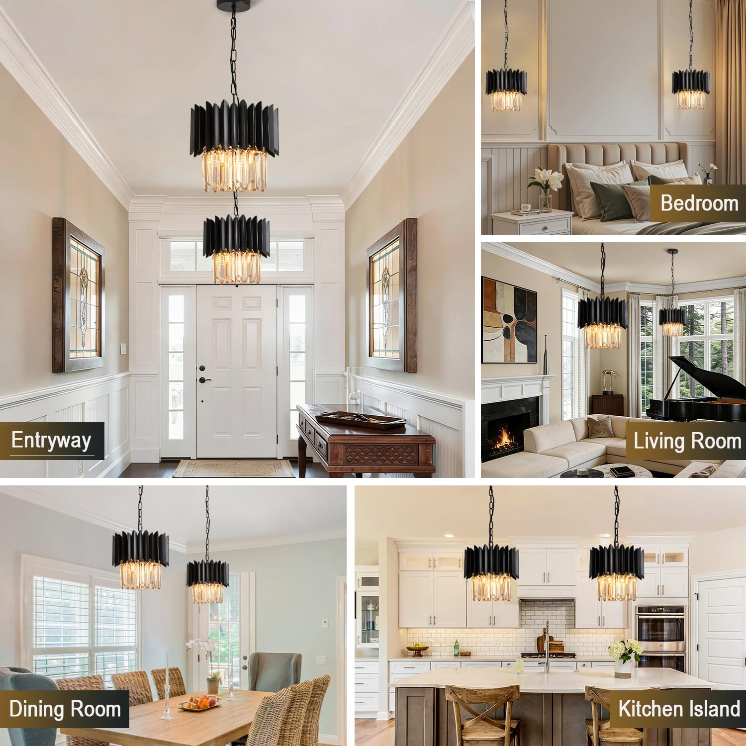 Black Crystal Chandelier 12 Inch - K9 Crystal 3-Light Semi Flush Mount Pendant Light for Kitchen Island Dining Room