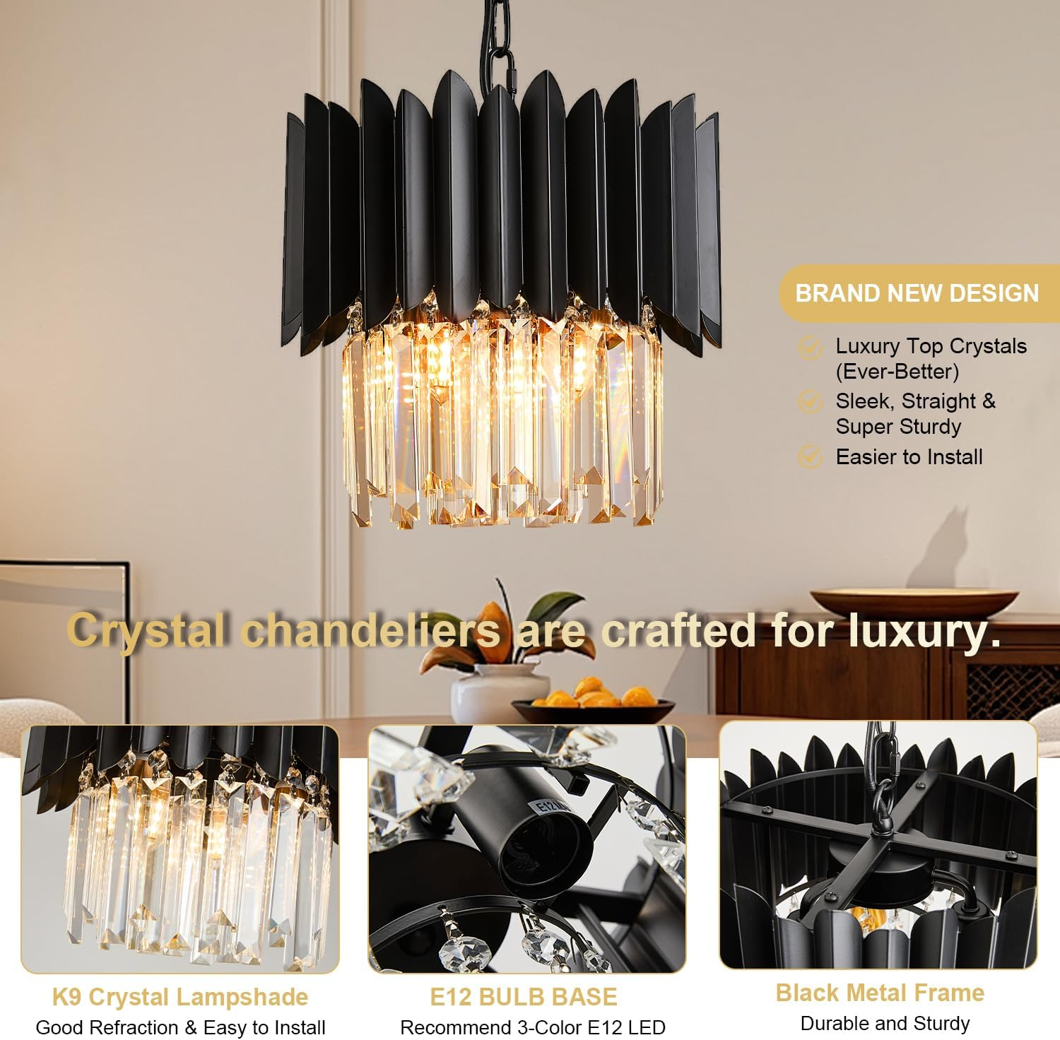 Black Crystal Chandelier 12 Inch - K9 Crystal 3-Light Semi Flush Mount Pendant Light for Kitchen Island Dining Room