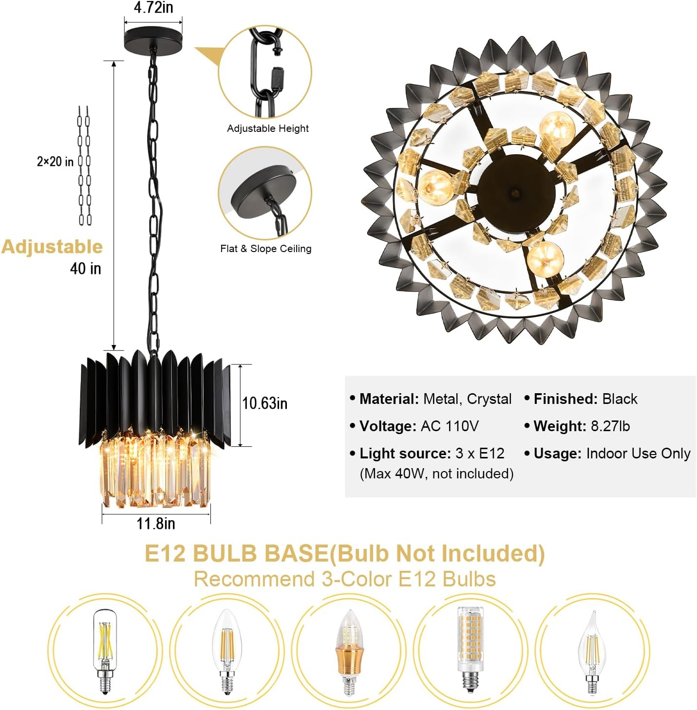 Black Crystal Chandelier 12 Inch - K9 Crystal 3-Light Semi Flush Mount Pendant Light for Kitchen Island Dining Room