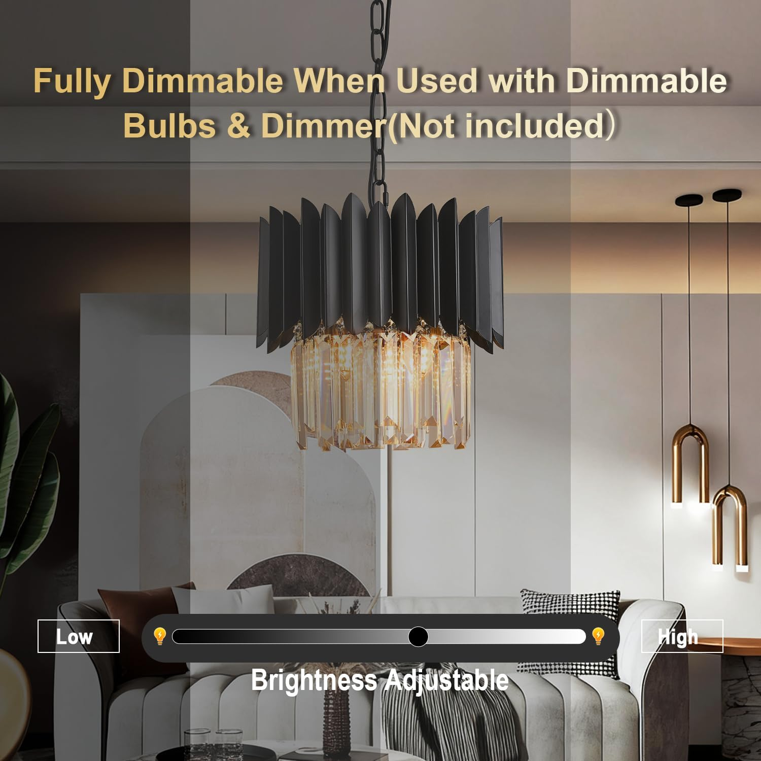 Black Crystal Chandelier 12 Inch - K9 Crystal 3-Light Semi Flush Mount Pendant Light for Kitchen Island Dining Room