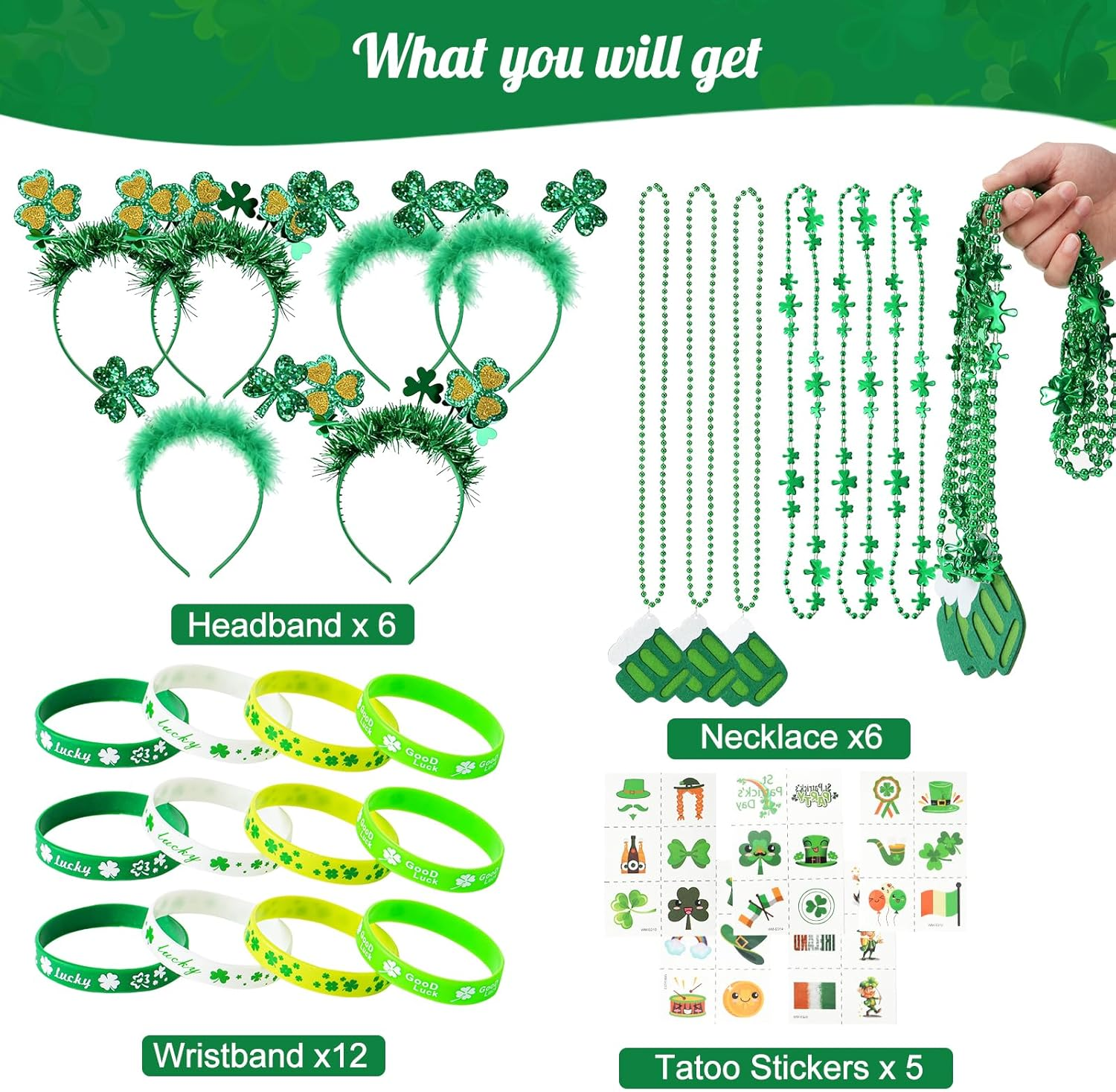 St Patrick's Day Accessories Set - Green Shamrock Necklaces, Headbands, Bracelets & Tattoos for Irish Party Supplies & Leprechaun Costumes