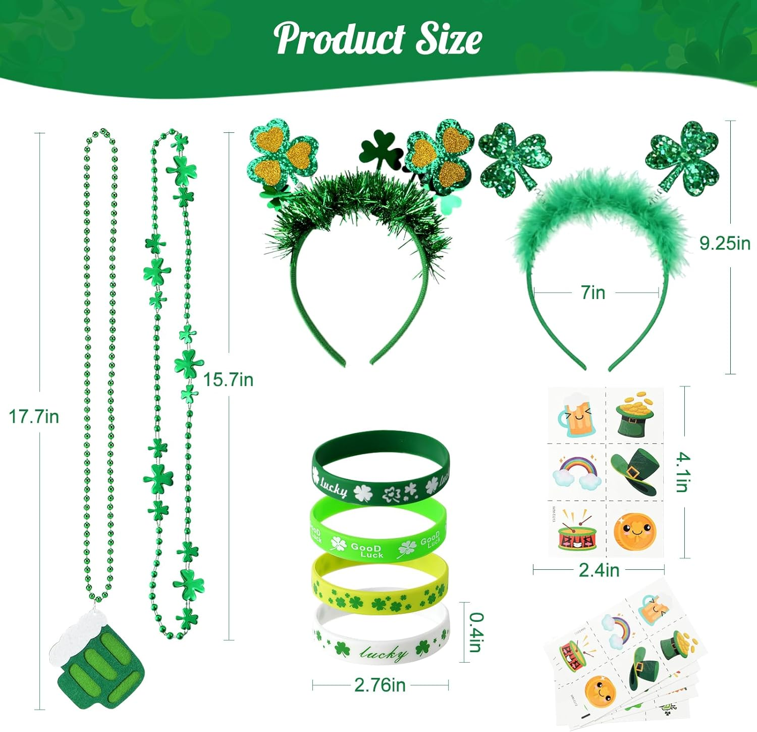 St Patrick's Day Accessories Set - Green Shamrock Necklaces, Headbands, Bracelets & Tattoos for Irish Party Supplies & Leprechaun Costumes