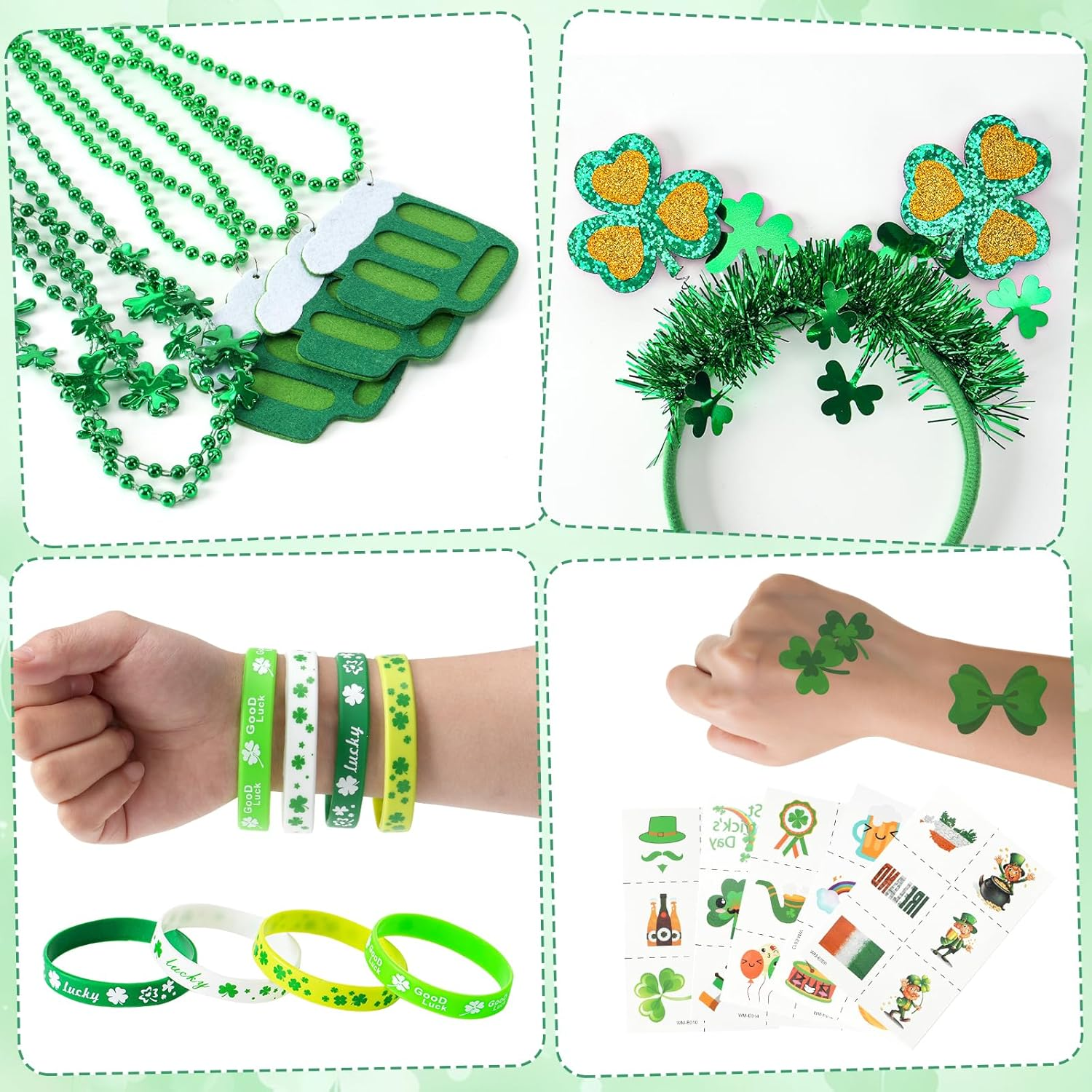 St Patrick's Day Accessories Set - Green Shamrock Necklaces, Headbands, Bracelets & Tattoos for Irish Party Supplies & Leprechaun Costumes
