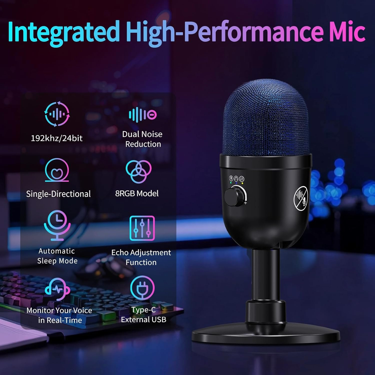USB Gaming Condenser Microphone 192kHz/24Bit - PC Desktop Mic with Noise Cancellation, RGB Lighting, Quick Mute for Streaming, Podcast, Recording (Black)