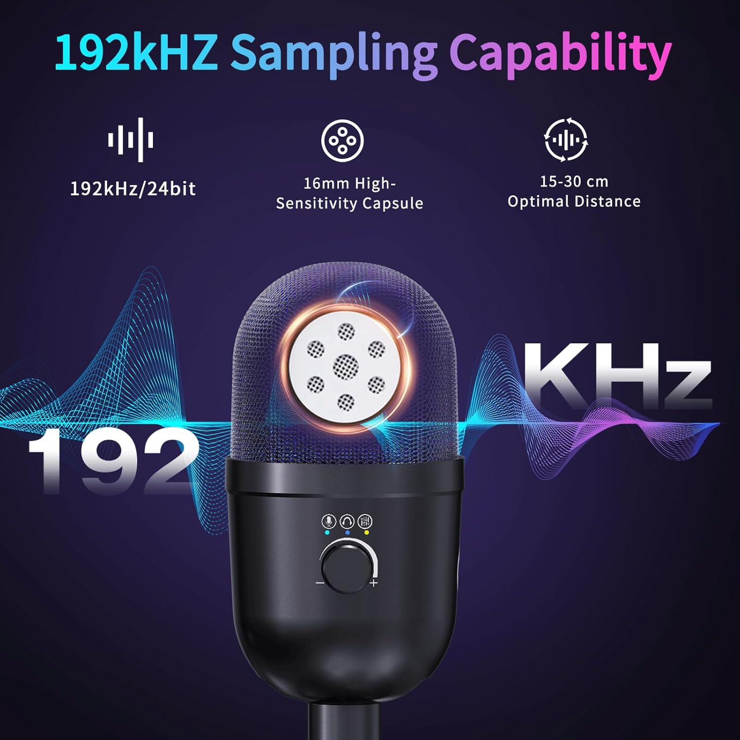 USB Gaming Condenser Microphone 192kHz/24Bit - PC Desktop Mic with Noise Cancellation, RGB Lighting, Quick Mute for Streaming, Podcast, Recording (Black)