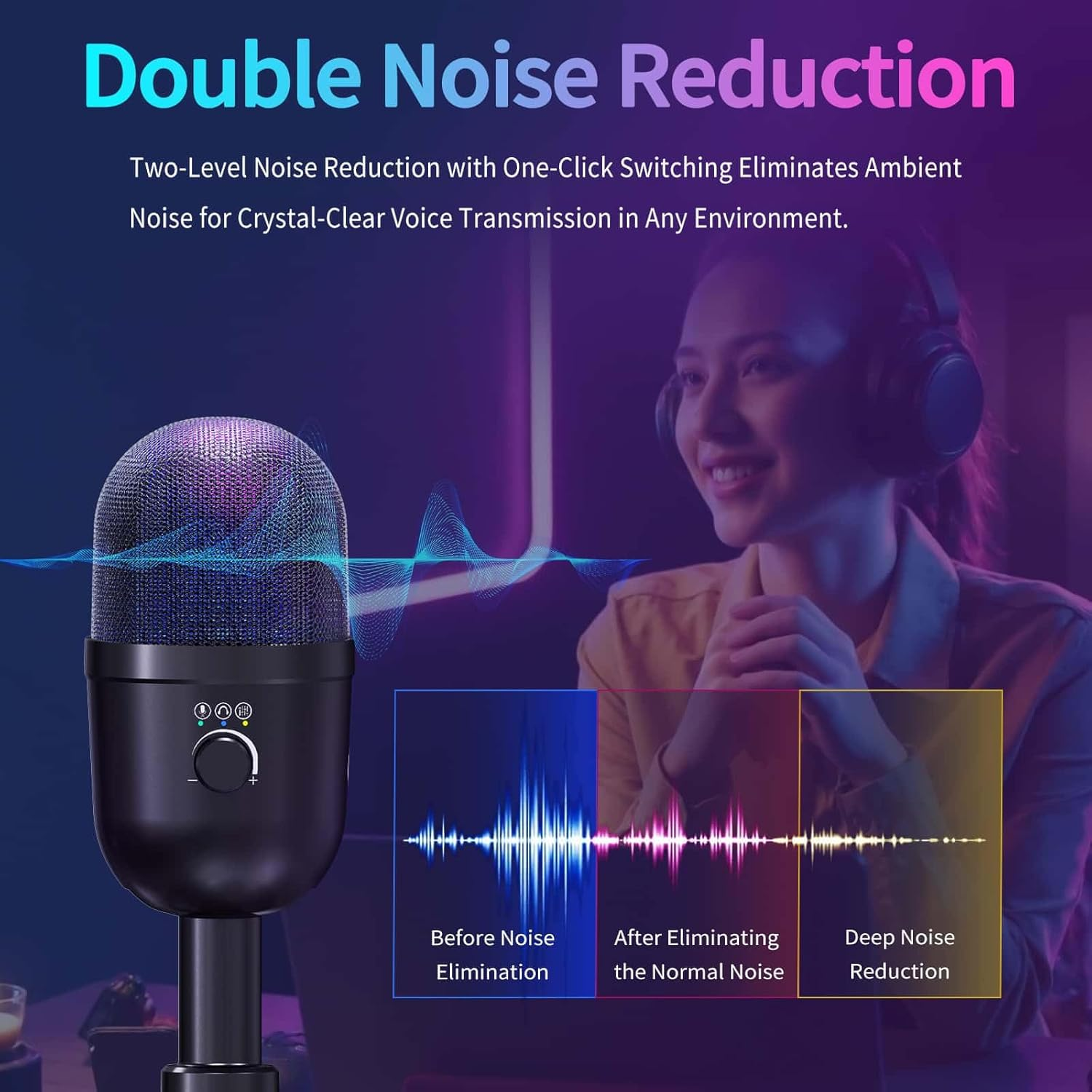 USB Gaming Condenser Microphone 192kHz/24Bit - PC Desktop Mic with Noise Cancellation, RGB Lighting, Quick Mute for Streaming, Podcast, Recording (Black)