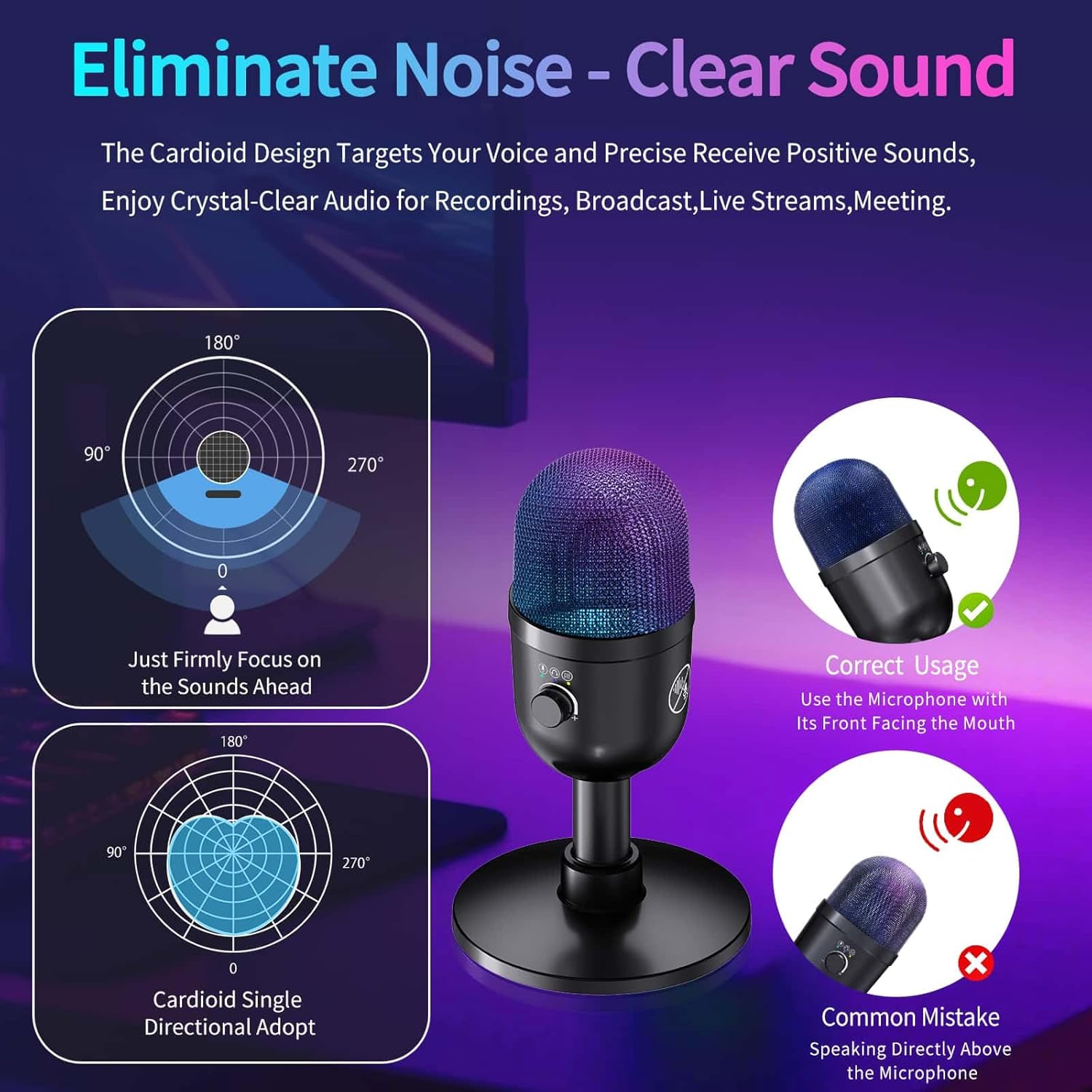 USB Gaming Condenser Microphone 192kHz/24Bit - PC Desktop Mic with Noise Cancellation, RGB Lighting, Quick Mute for Streaming, Podcast, Recording (Black)