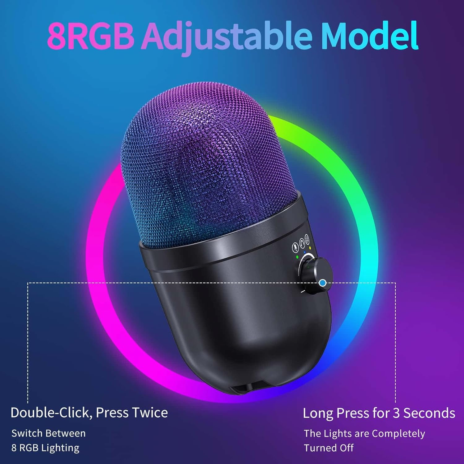 USB Gaming Condenser Microphone 192kHz/24Bit - PC Desktop Mic with Noise Cancellation, RGB Lighting, Quick Mute for Streaming, Podcast, Recording (Black)