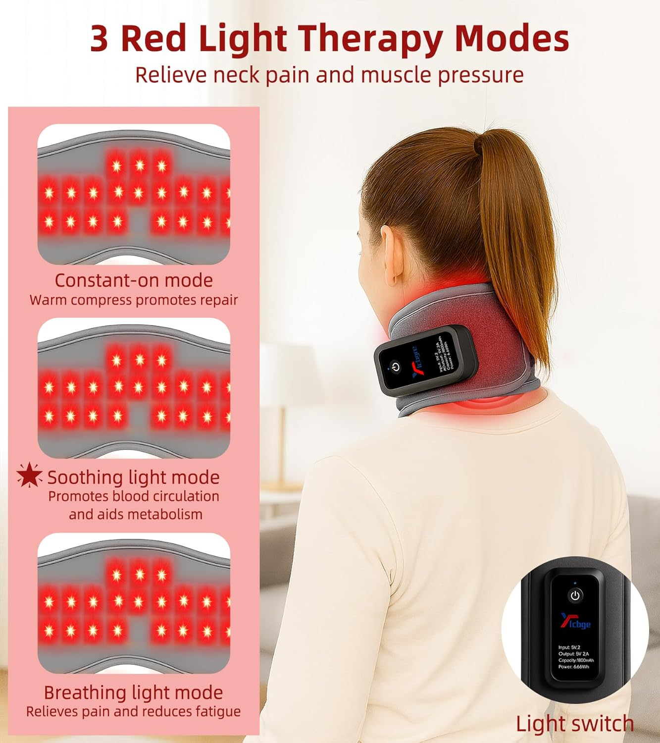 Red Light Therapy Neck Brace - 660nm Red & 850nm Infrared LED Heated Cervical Collar for Neck Pain Relief, Adjustable Wireless Support for Office, Sleeping, At-Home Therapy
