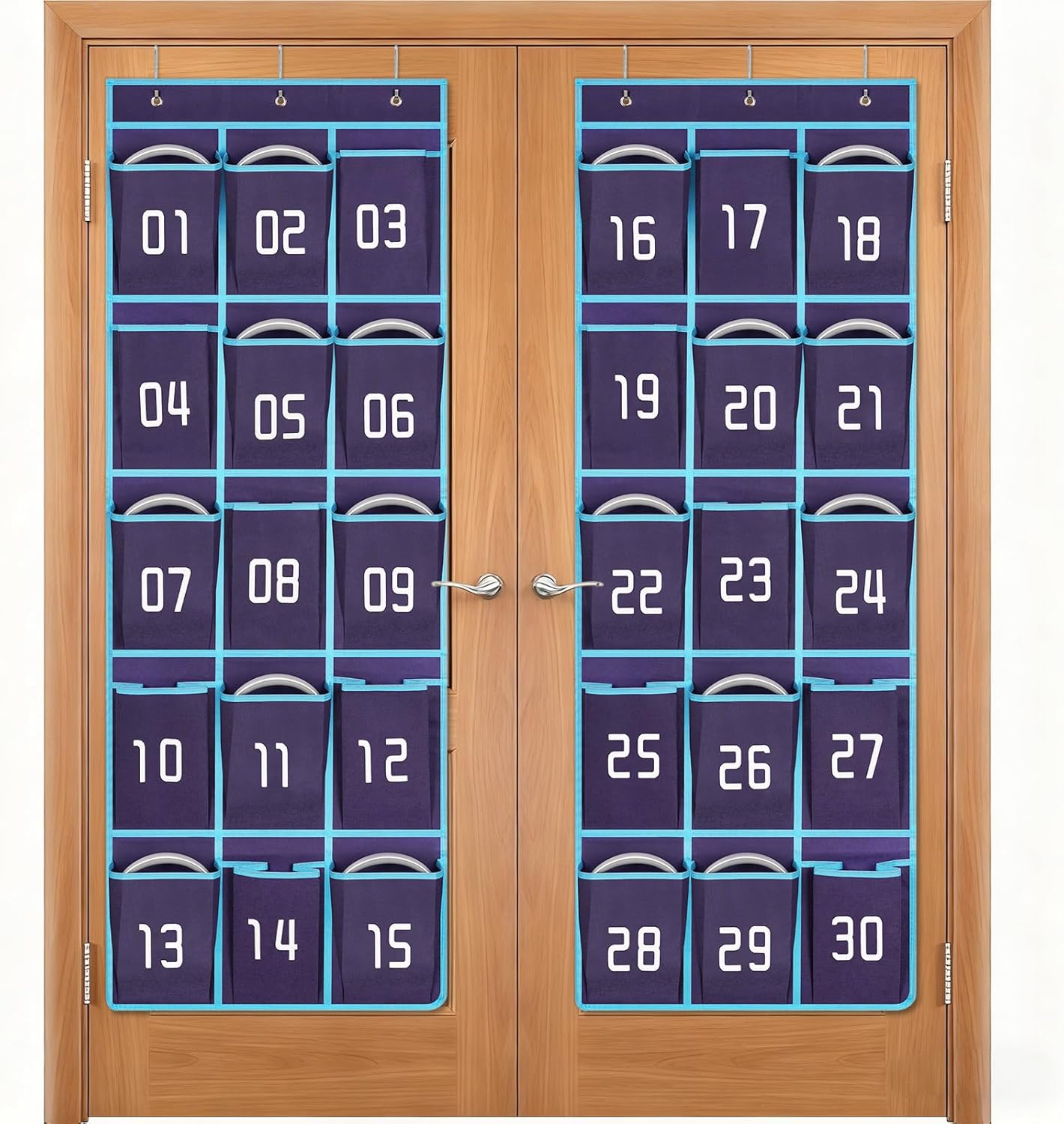Classroom Headphone Storage Organizer 2 Pack - 30 Pockets Wall Hanging Numbered Headphone Holder, Over Door Pocket Chart for Cell Phone & School Supplies (Blue)