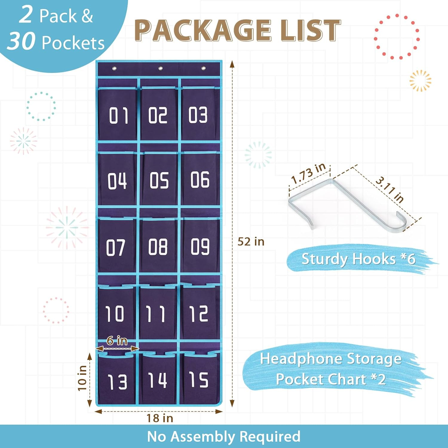 Classroom Headphone Storage Organizer 2 Pack - 30 Pockets Wall Hanging Numbered Headphone Holder, Over Door Pocket Chart for Cell Phone & School Supplies (Blue)