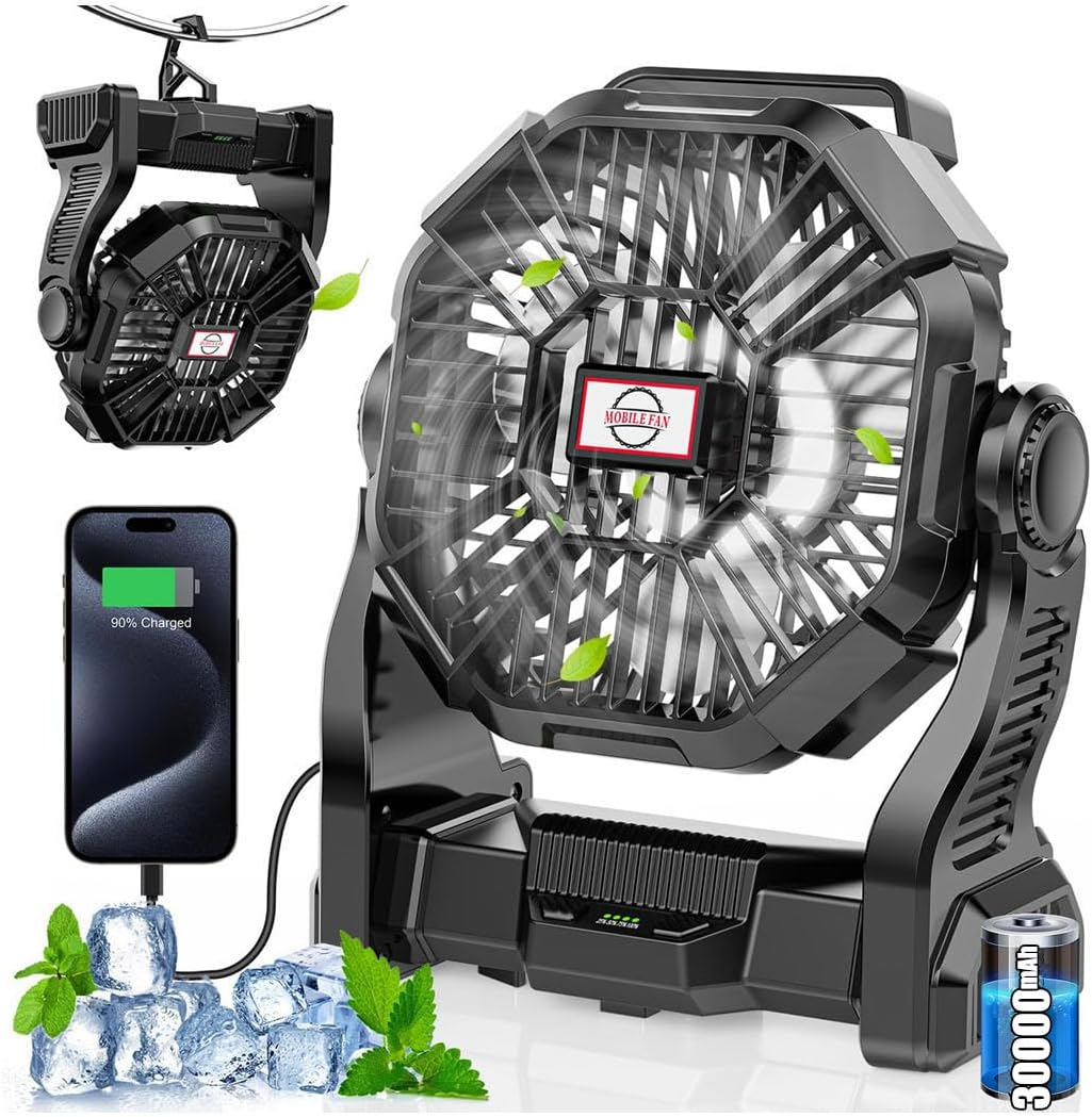 30000mAh Rechargeable Camping Fan with LED Lantern - Portable Battery Powered Outdoor Fan