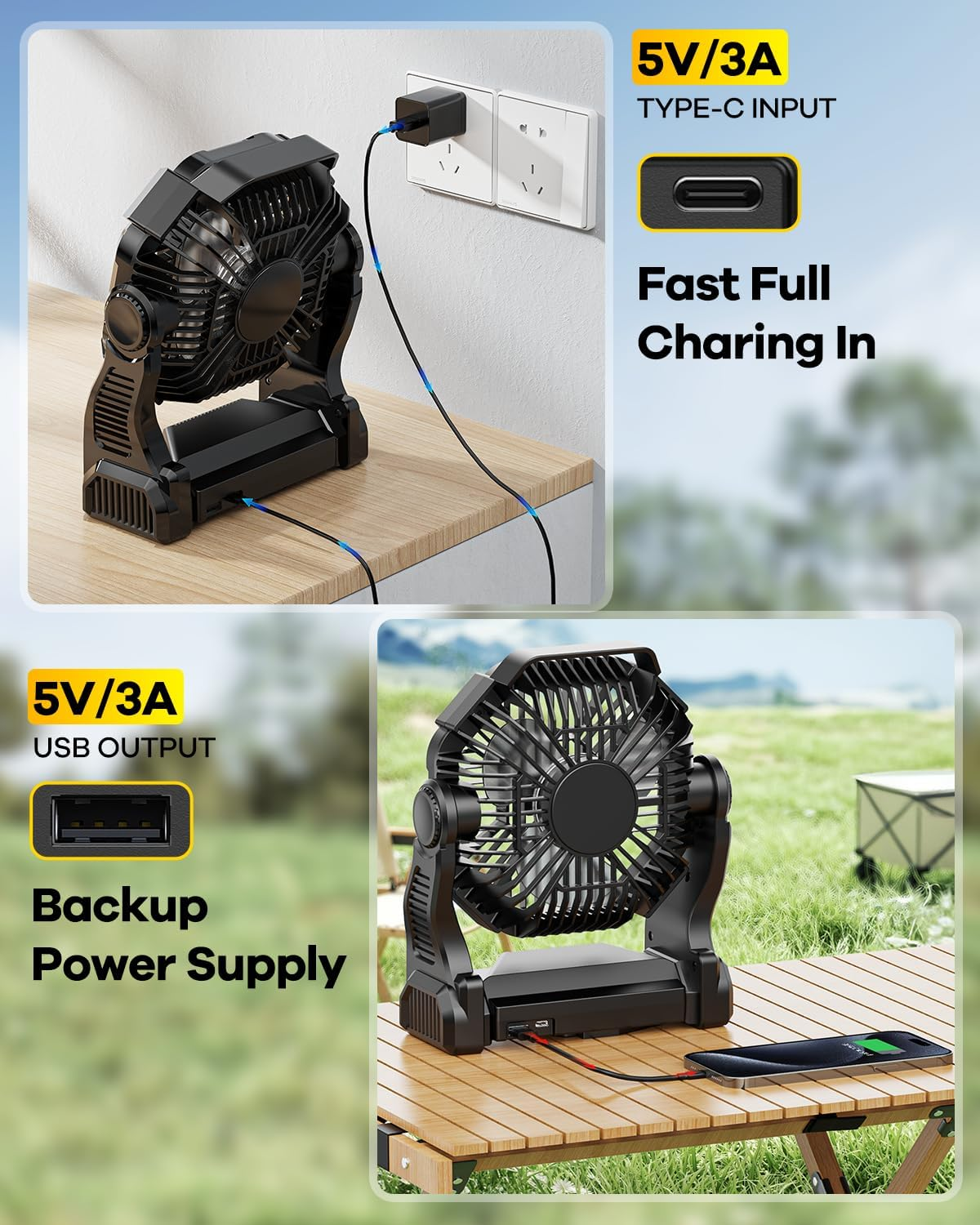 30000mAh Rechargeable Camping Fan with LED Lantern - Portable Battery Powered Outdoor Fan