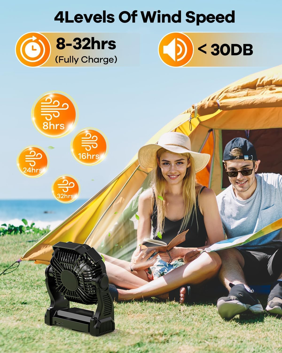 30000mAh Rechargeable Camping Fan with LED Lantern - Portable Battery Powered Outdoor Fan