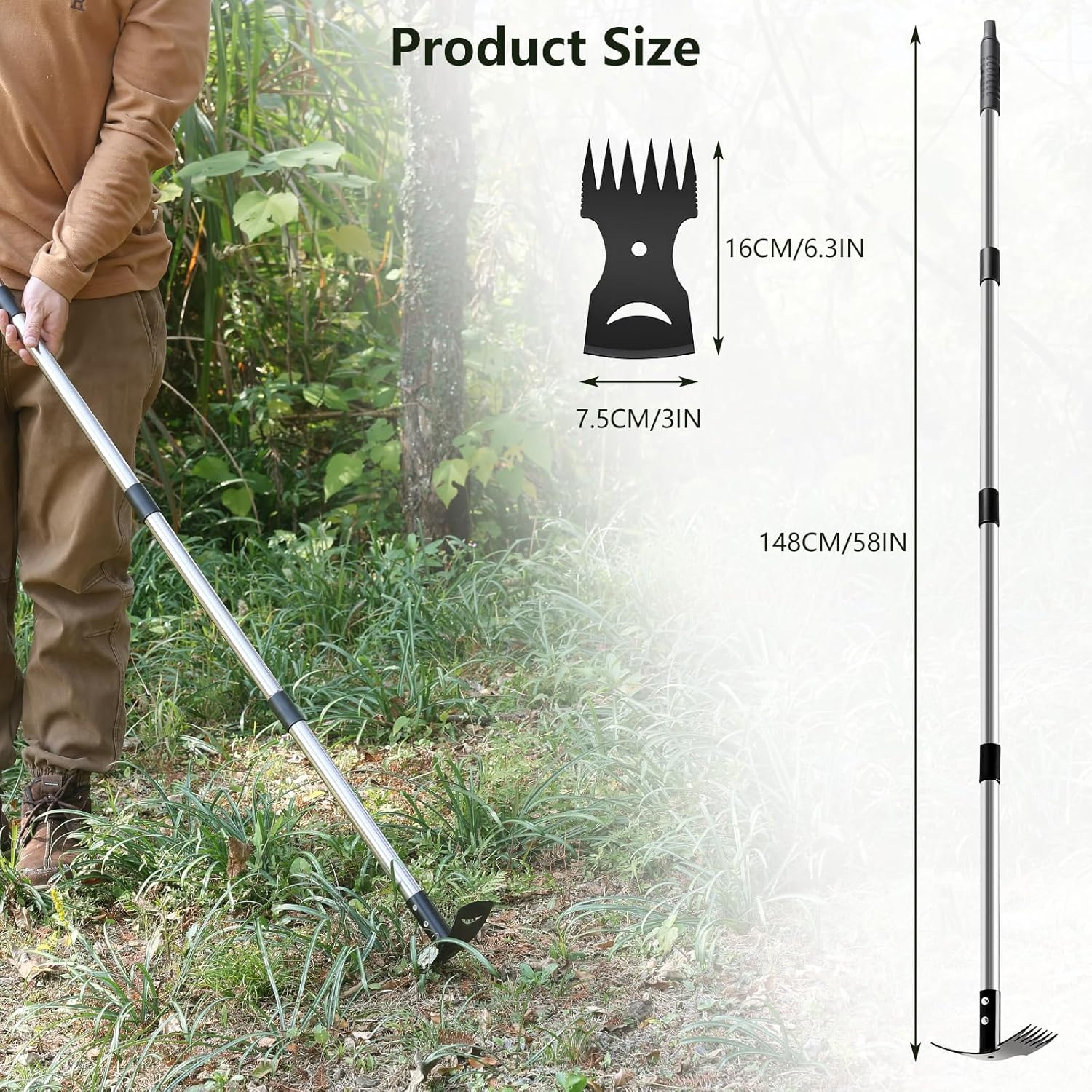 Weed Puller Tool with Long Handle (58IN) - 2-in-1 Weeder Rake & Garden Hoe Combo
