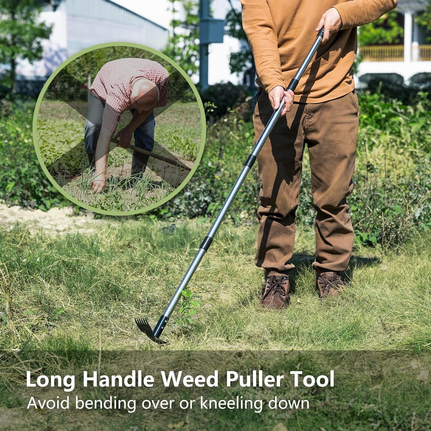Weed Puller Tool with Long Handle (58IN) - 2-in-1 Weeder Rake & Garden Hoe Combo