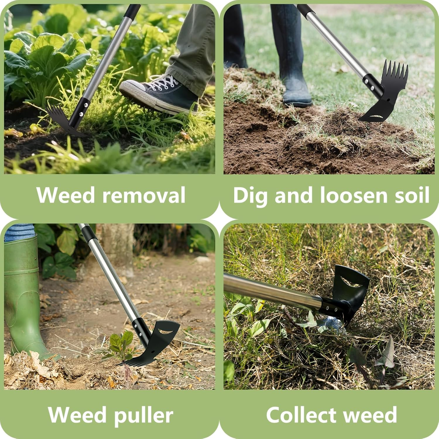 Weed Puller Tool with Long Handle (58IN) - 2-in-1 Weeder Rake & Garden Hoe Combo