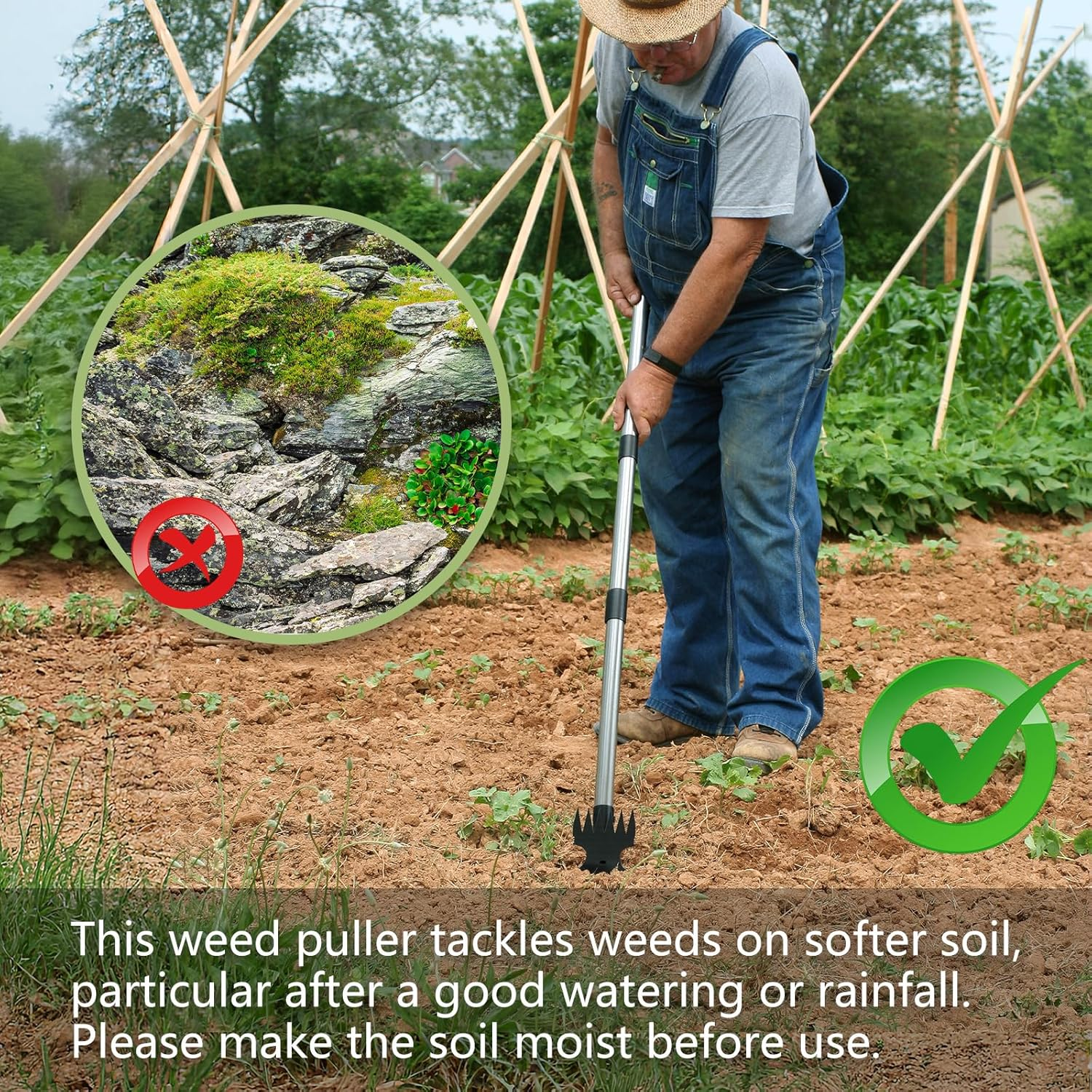 Weed Puller Tool with Long Handle (58IN) - 2-in-1 Weeder Rake & Garden Hoe Combo