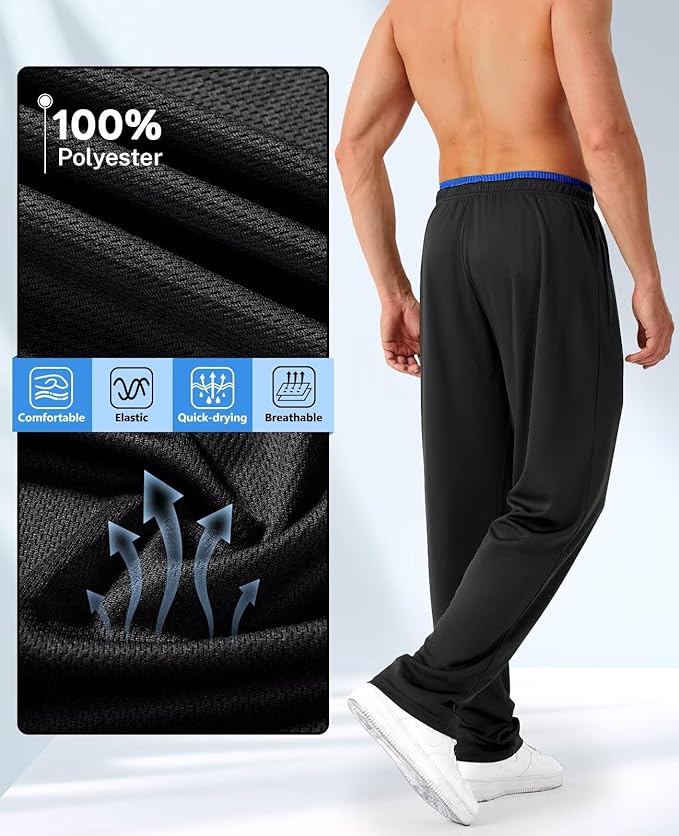 Men's Sweatpants with Zipper Pockets - Open Bottom Mesh Athletic Joggers for Workout & Running