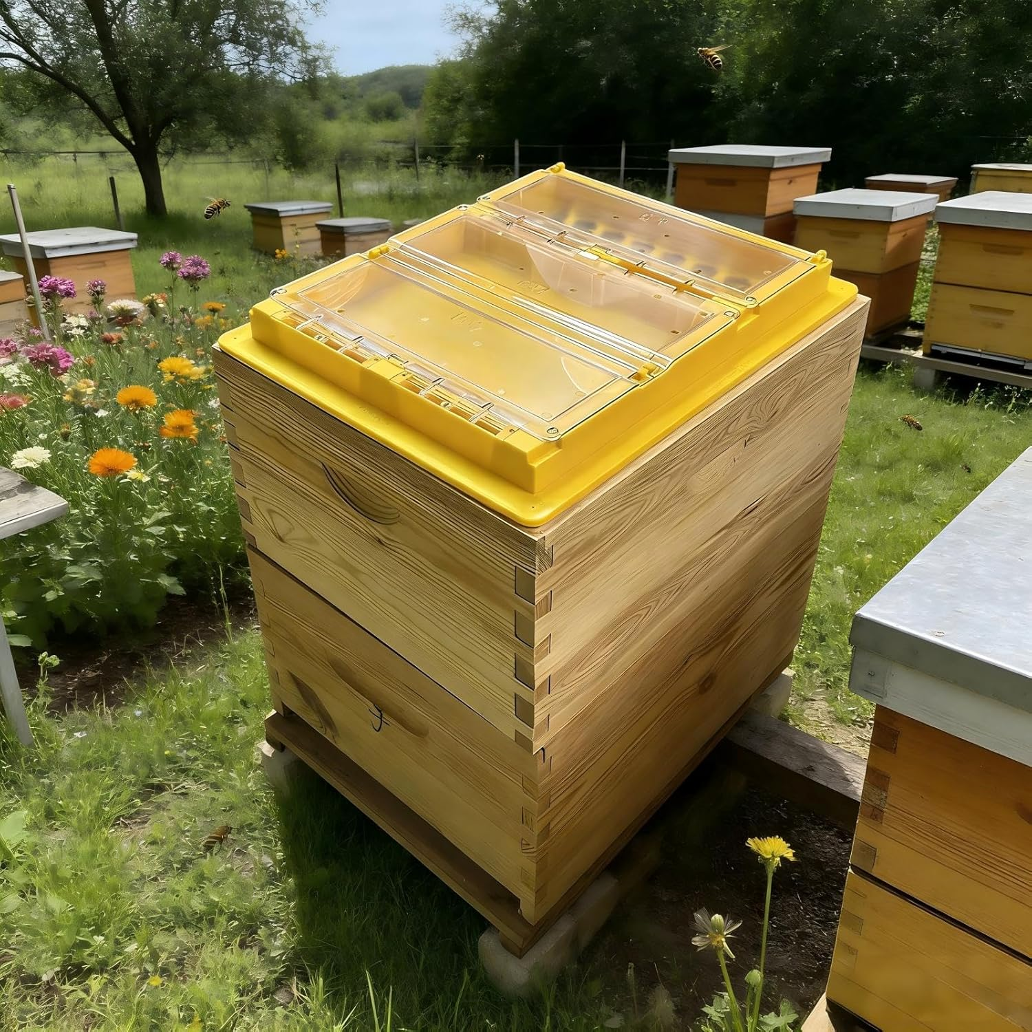 Bee Top Feeder for Hives - Dry & Wet Separation Design, Large Capacity Water/Pollen Slurry Feeder for Beekeeping 19.7X16inch