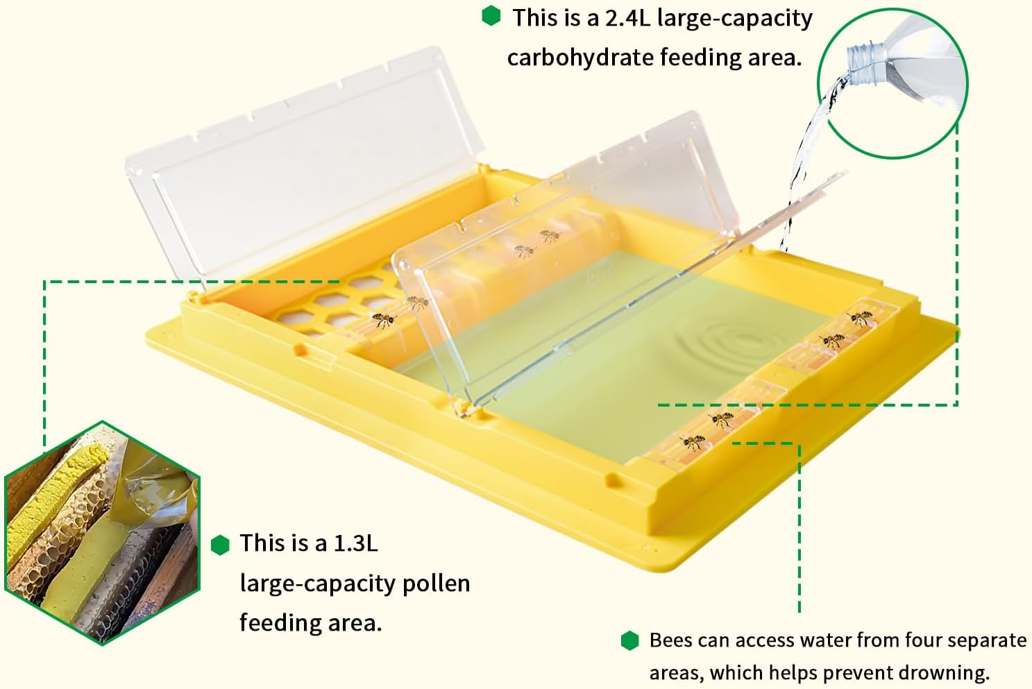 Bee Top Feeder for Hives - Dry & Wet Separation Design, Large Capacity Water/Pollen Slurry Feeder for Beekeeping 19.7X16inch