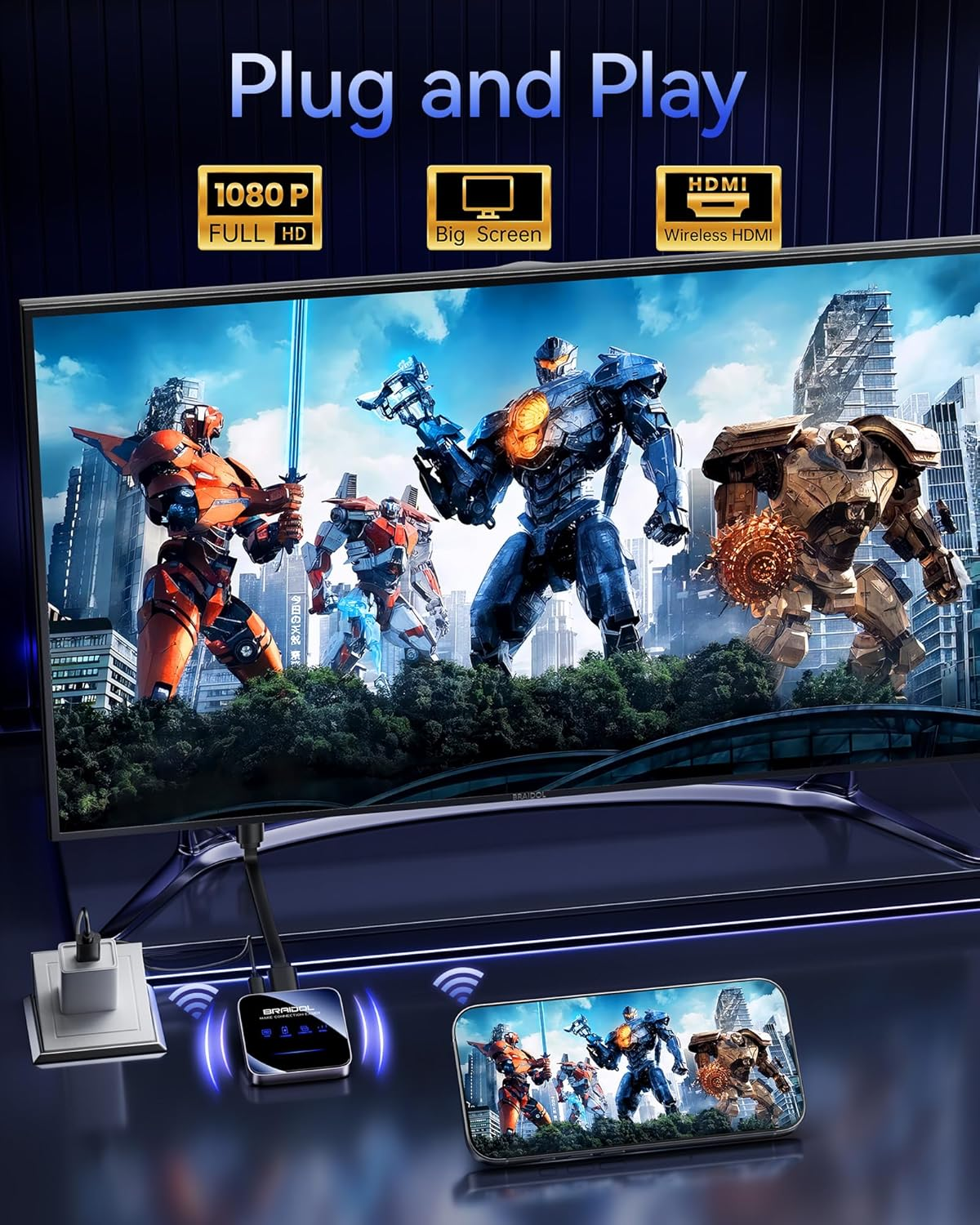 2026 Upgraded Wireless HDMI Display Dongle Adapter - Stream Video/Audio/Files from Smartphone & Laptop to HDTV/Monitor/Projector, Supports Airplay & DLNA