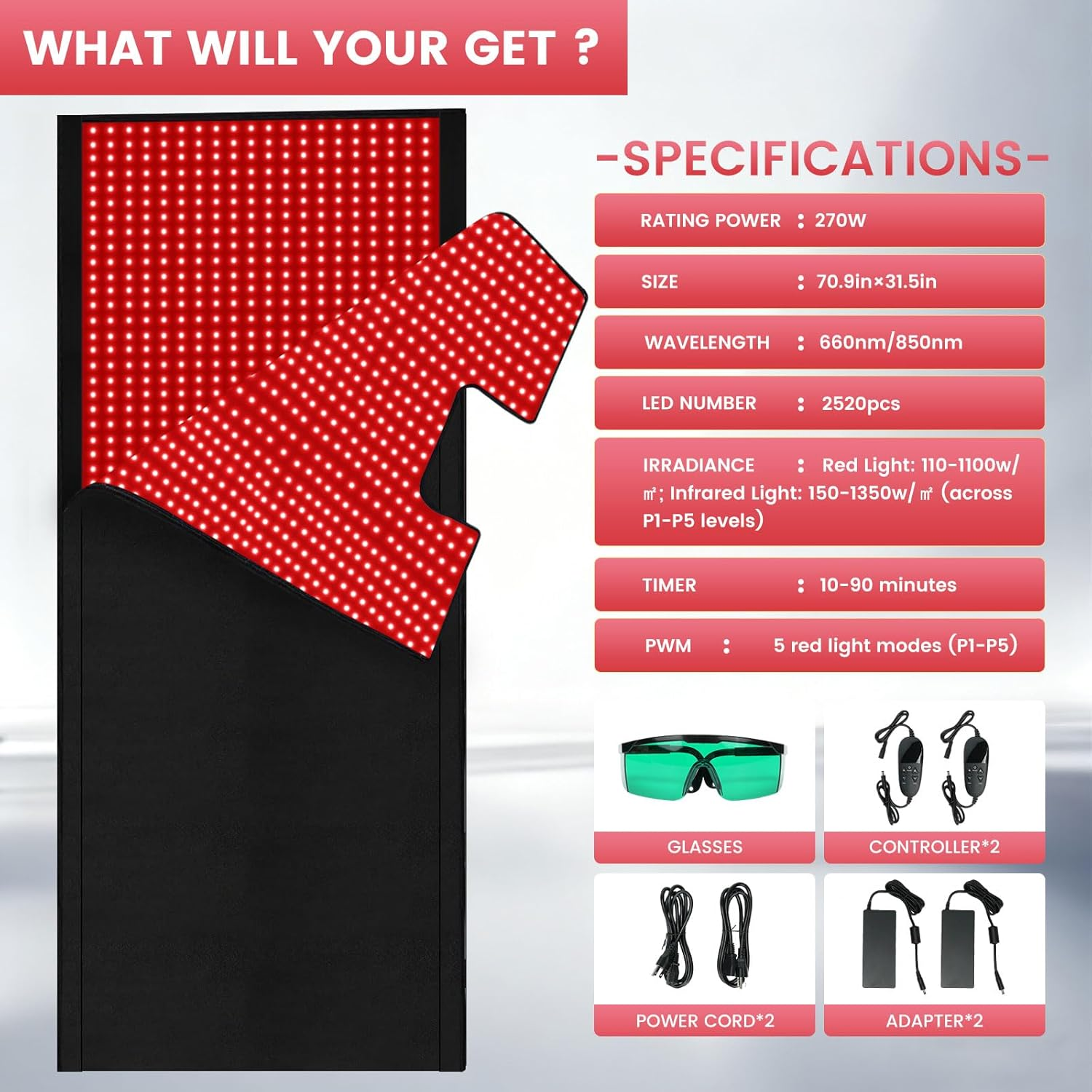 Red Light Therapy Mat 71x32 Full Body 2520 LEDs 660nm 850nm