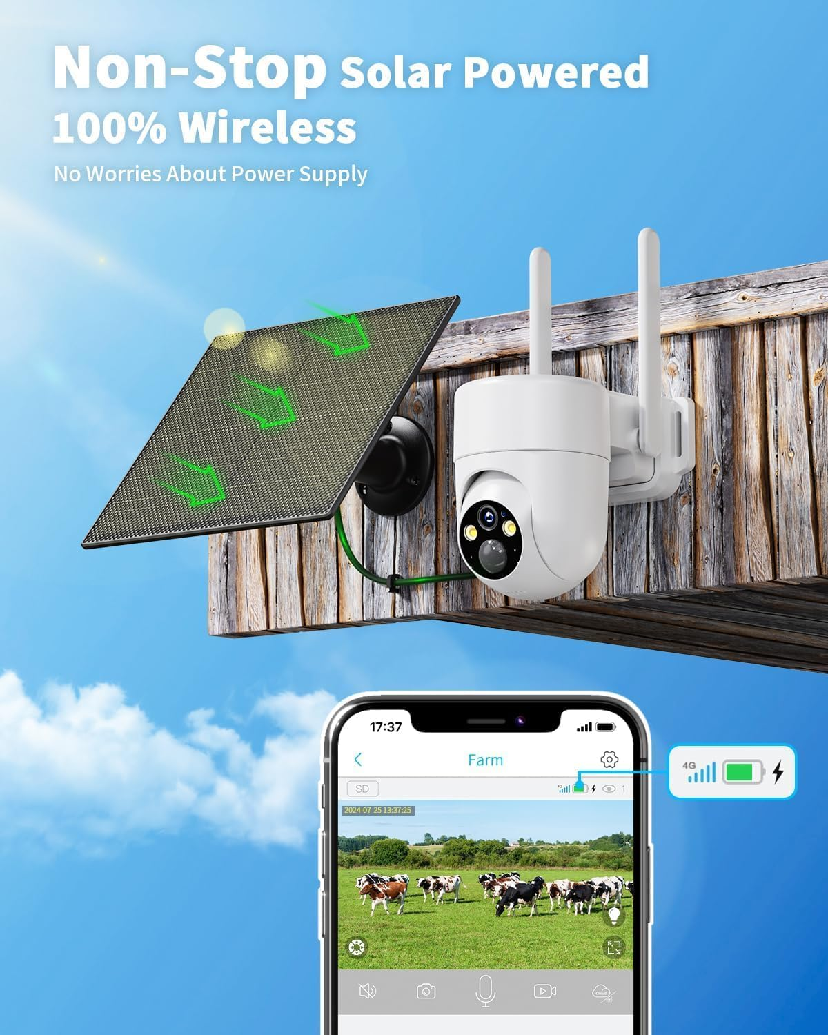 4G Solar Security Camera - Wireless PTZ 355° Pan 100° Tilt with Built-in SIM & 7-Day Free Data Trial