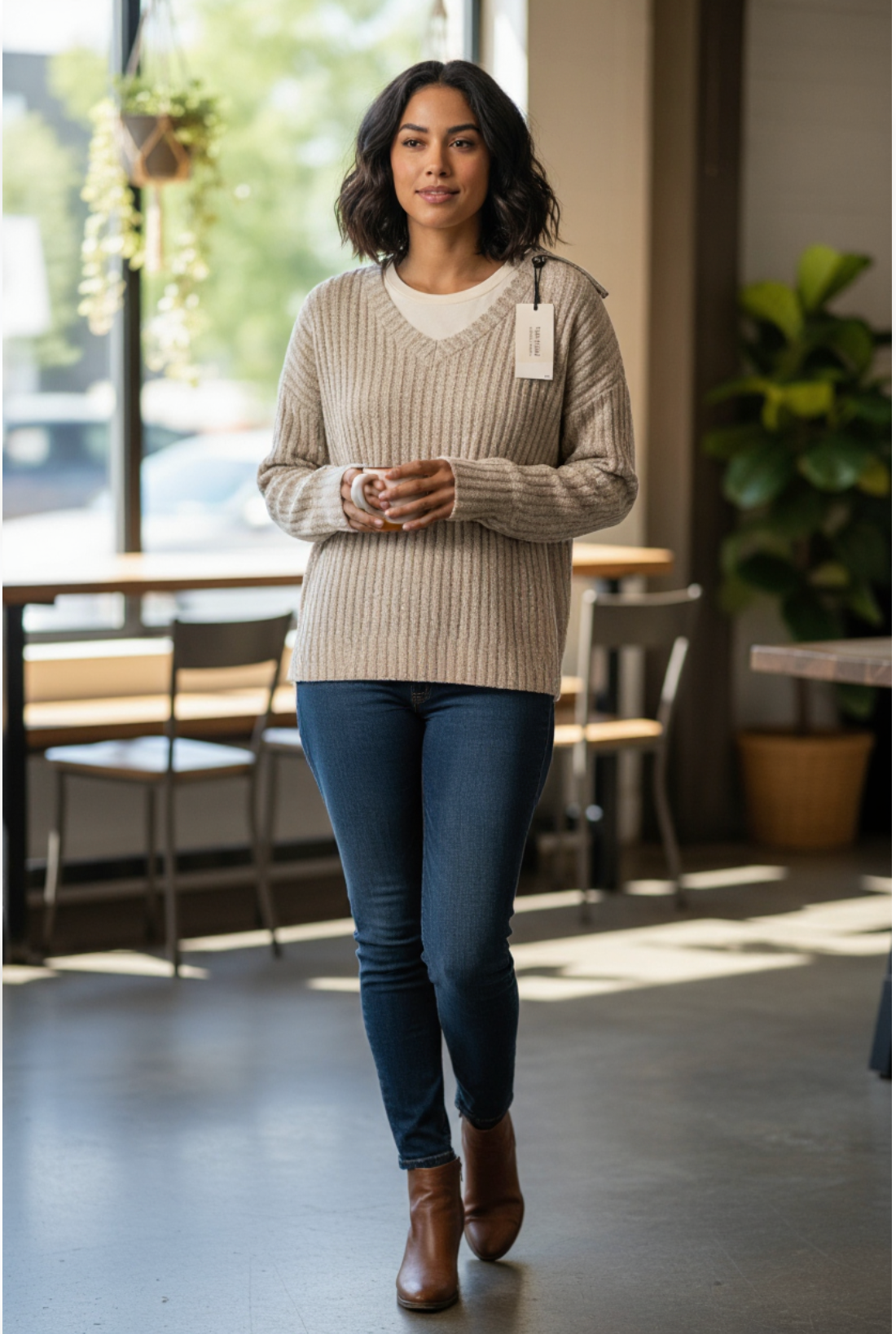 Beige Ribbed V-Neck Sweater - Women's Long Sleeve Knit Pullover