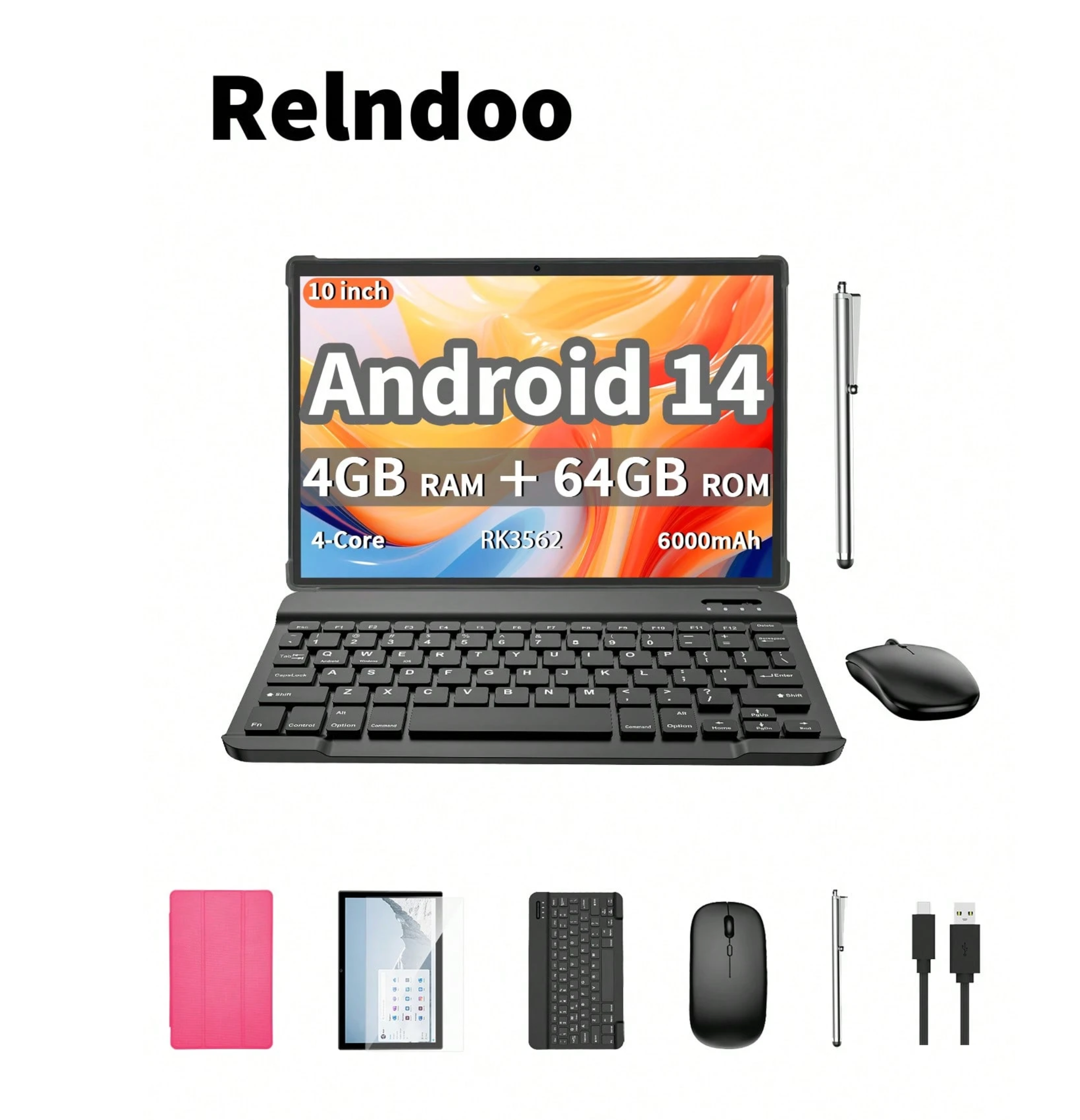 Android 14 Tablet 10 Inch with Keyboard and Mouse - 8GB RAM (4+4) + 64GB ROM, RK3562 Quad-Core, 6000mAh Battery, WiFi Tablet