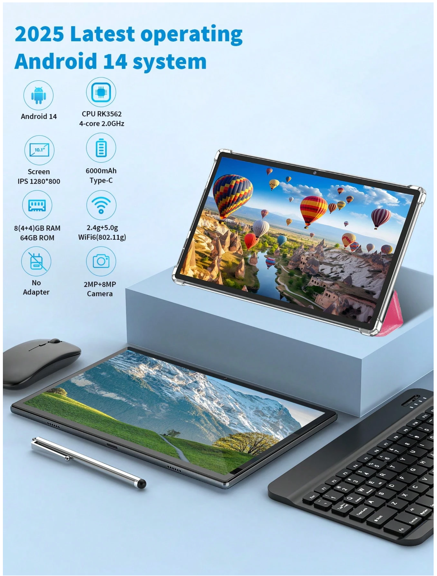 Android 14 Tablet 10 Inch with Keyboard and Mouse - 8GB RAM (4+4) + 64GB ROM, RK3562 Quad-Core, 6000mAh Battery, WiFi Tablet