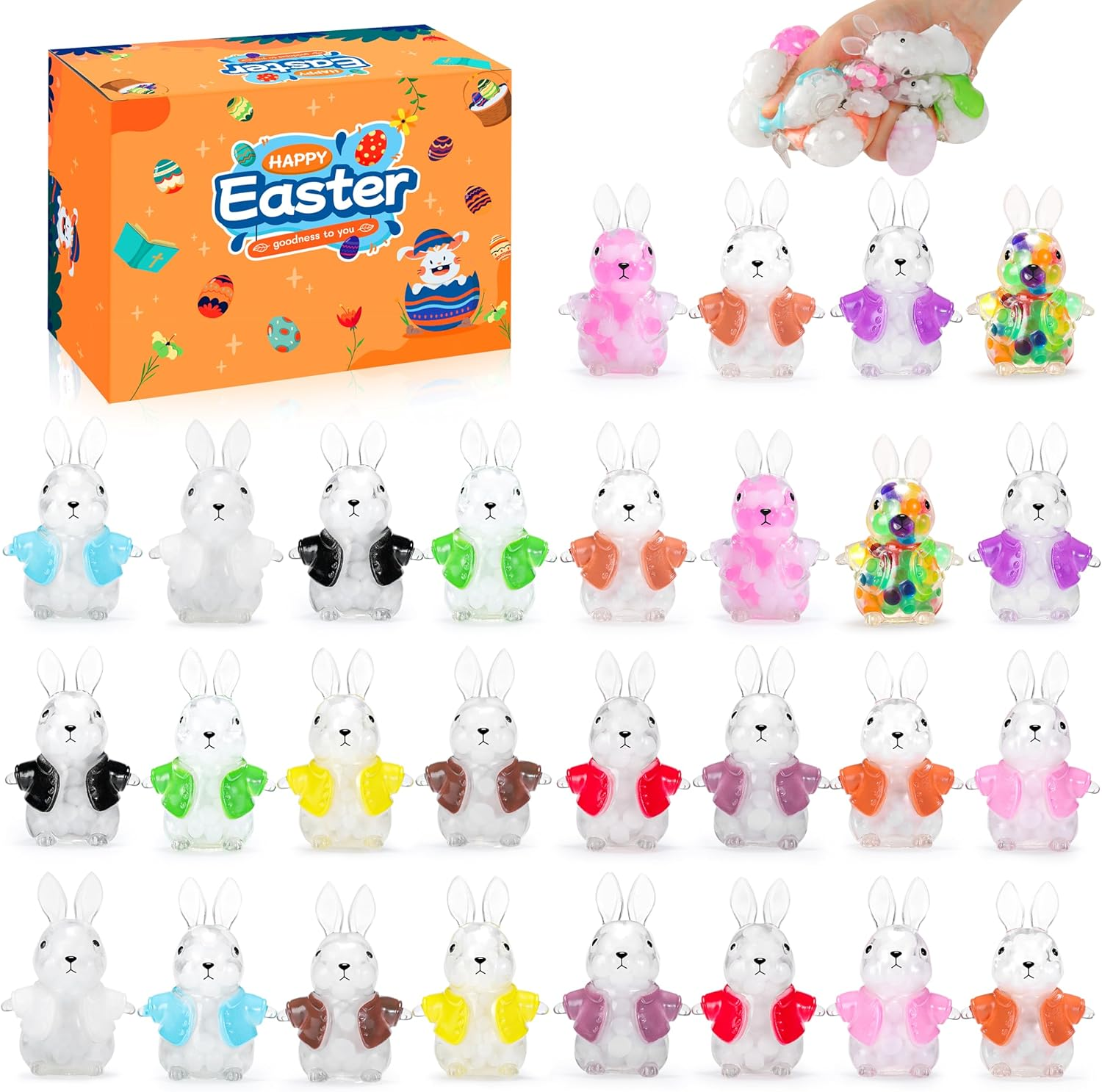 Easter Bunny Squishy Toys 28PCS - Cute Fidget Sensory Toys for Kids & Adults, Easter Basket Stuffers, Egg Hunt Prizes & Classroom Party Favors