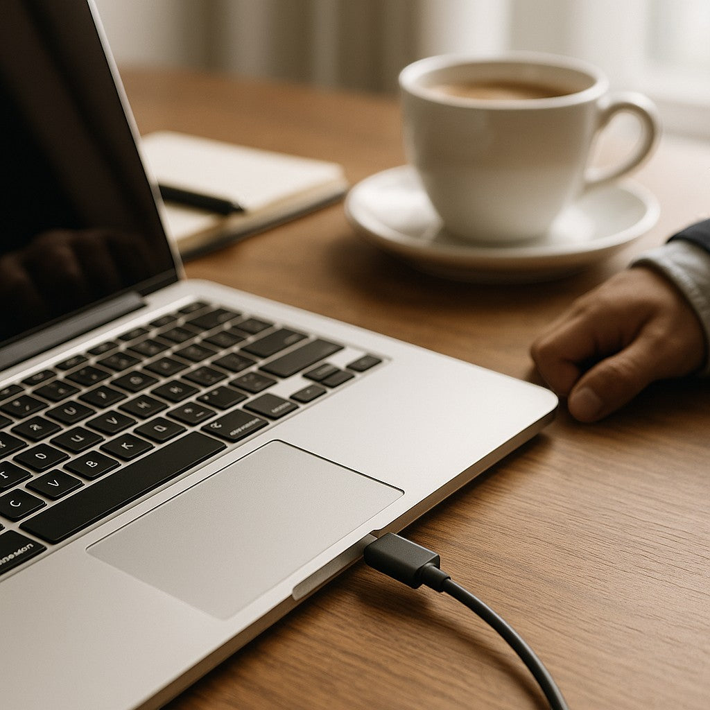 USB recording cable plugged into laptop on desk