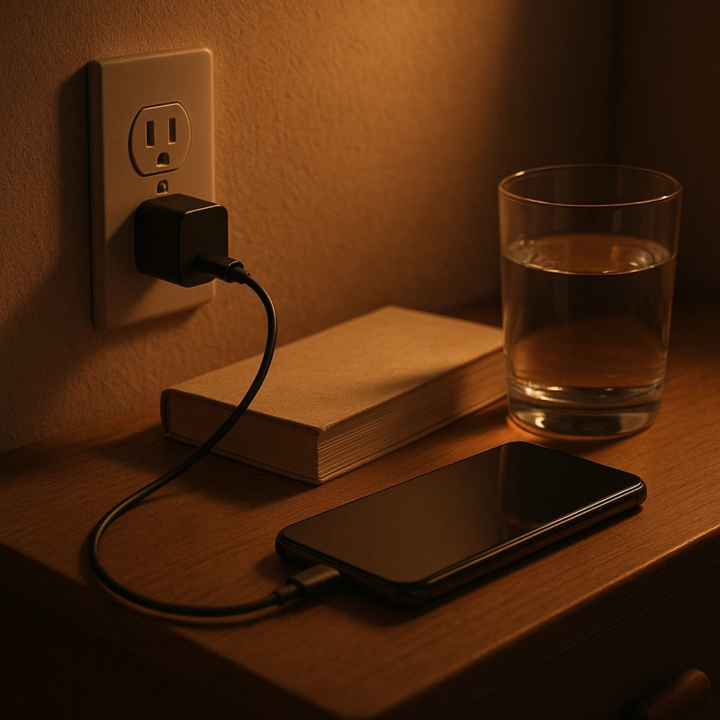 USB cable on nightstand with phone