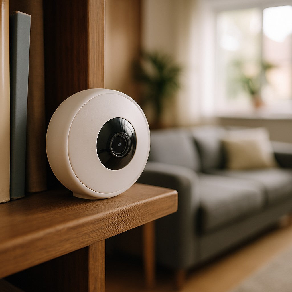 Bovella camera on living room bookshelf