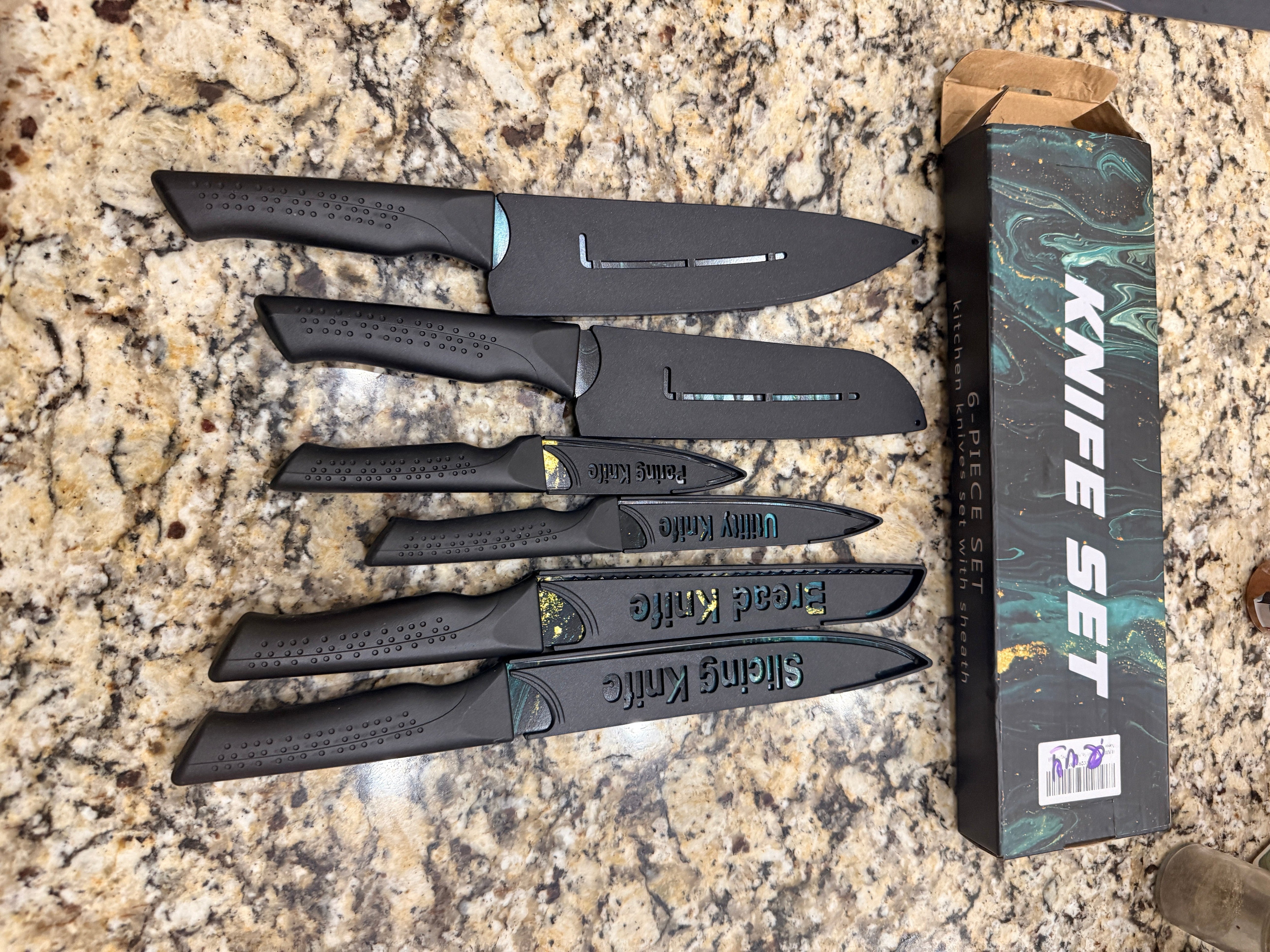 6-Piece Kitchen Knife Set Black Non-Stick With Sheaths