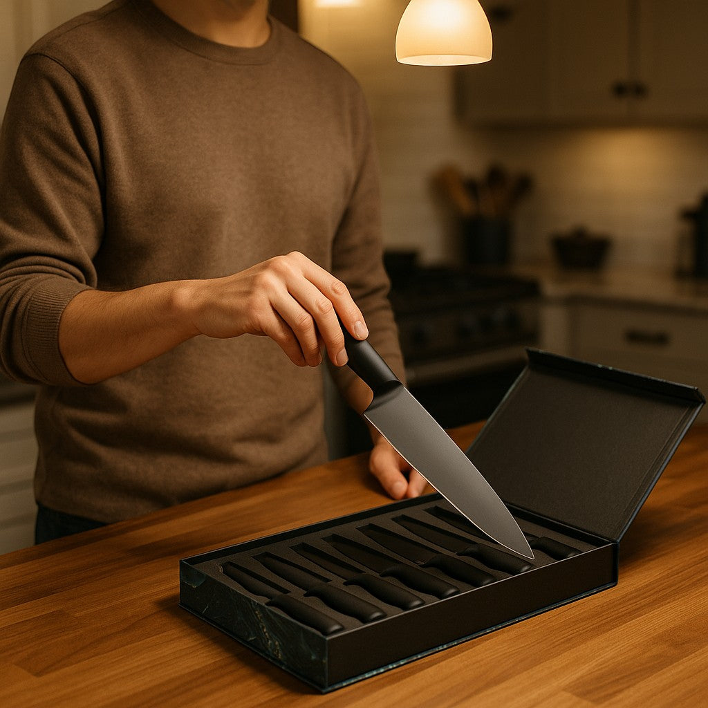 6-Piece Kitchen Knife Set Black Non-Stick With Sheaths